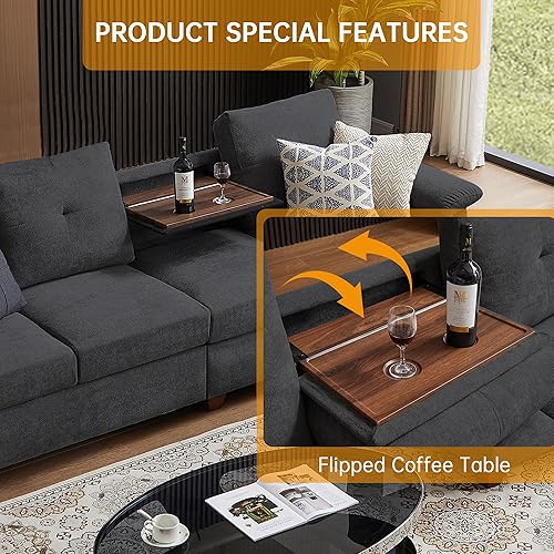 Miniatura 6 de Sofá modular convertible, sofá en forma de L de 4 asientos con respaldo alto y soporte para tazas, sofás modernos de tela de microfibra para sala de