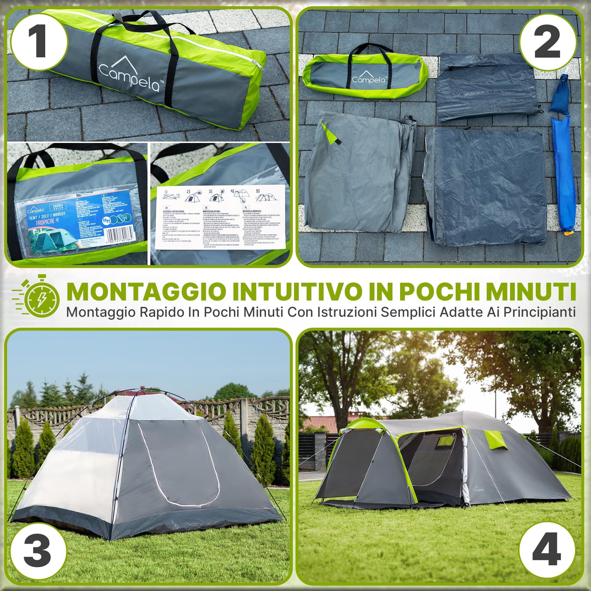 Tenda da Campeggio 4 Posti Impermeabile 3000 mm Doppio Tetto Vestibolo Ampio 2 Ingressi Zanzariera Poliestere 190T Telaio Fibra di Vetro 4,1 kg