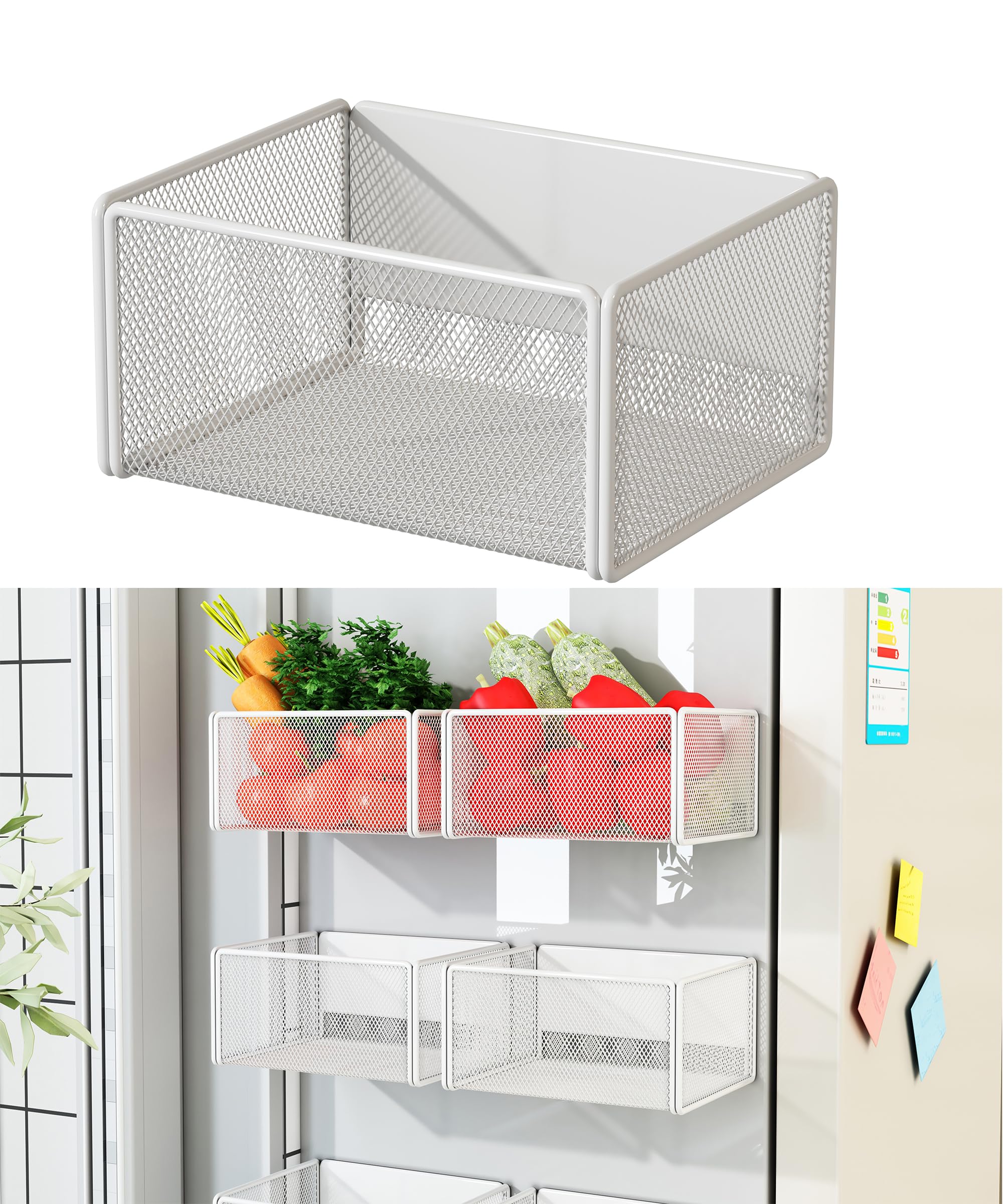 LIFEFAN Magnetic Basket Organizer Holder for Fridge Magnetic Storage Bin Box Containers for Refrigerator Whiteboard Classroom (Small, White)