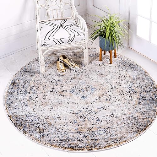 Unique Loom Augustus Collection - Alfombra bohemia tradicional, geométrica, vintage, 5 pies 0 pulgadas x 5 pies 0 pulgadas, marfilazul