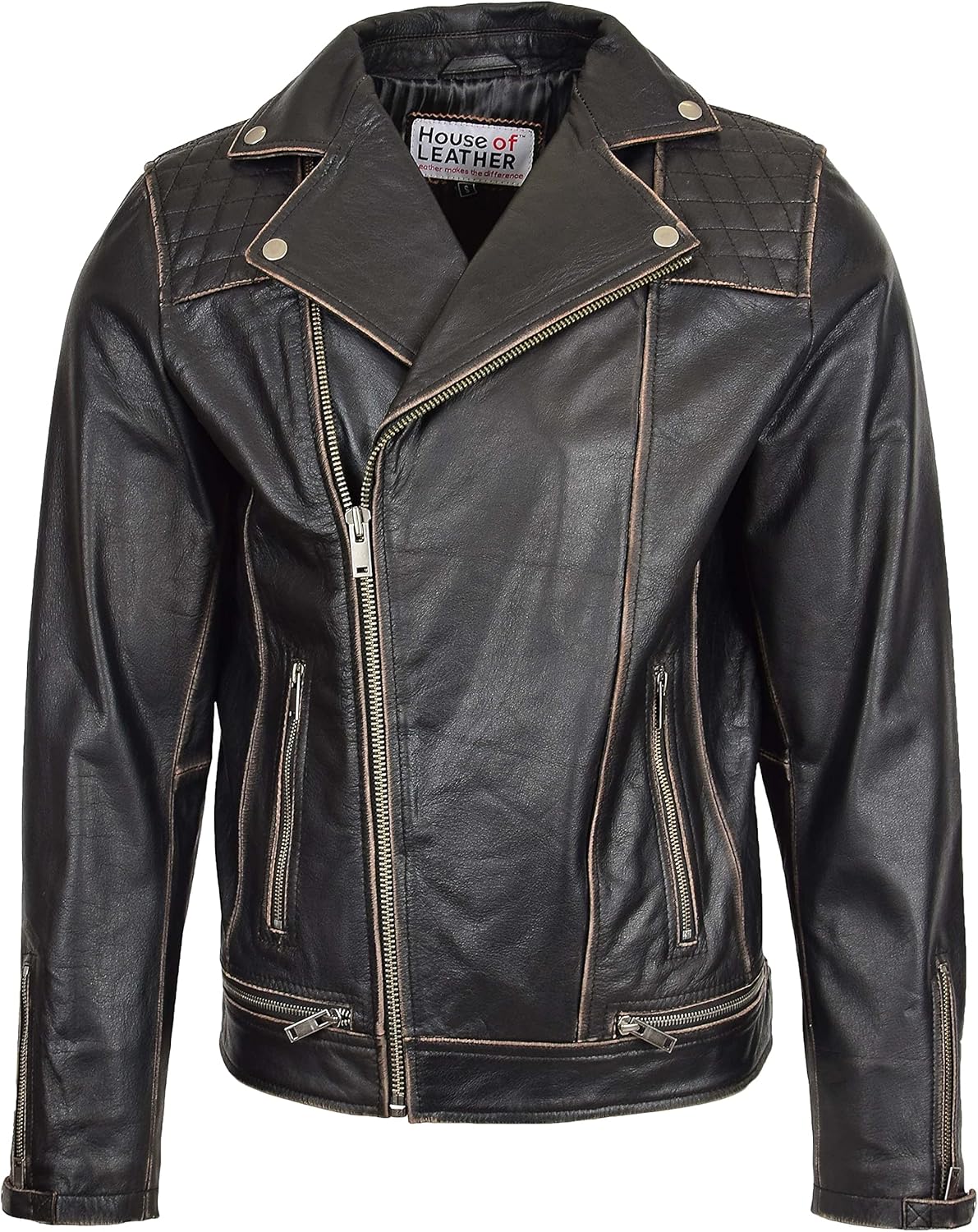 Mens Real Leather Biker Brando Design Jacket Cross Zip Style Sean