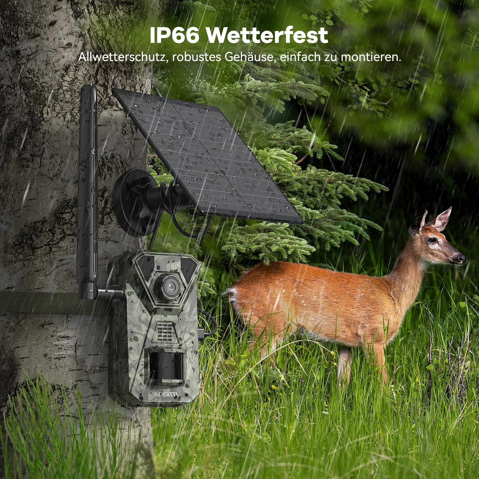 DEATTI 4G LTE Wildkamera mit Handyübertragung APP, 2.7K Solar Wildkamera mit SIM Karte, PIR Bewegungsmelder, Nachtsicht, 120° Weitwinkel Wildtierkamera, IP66, 7800mAh Akku (ohne SD Karte)