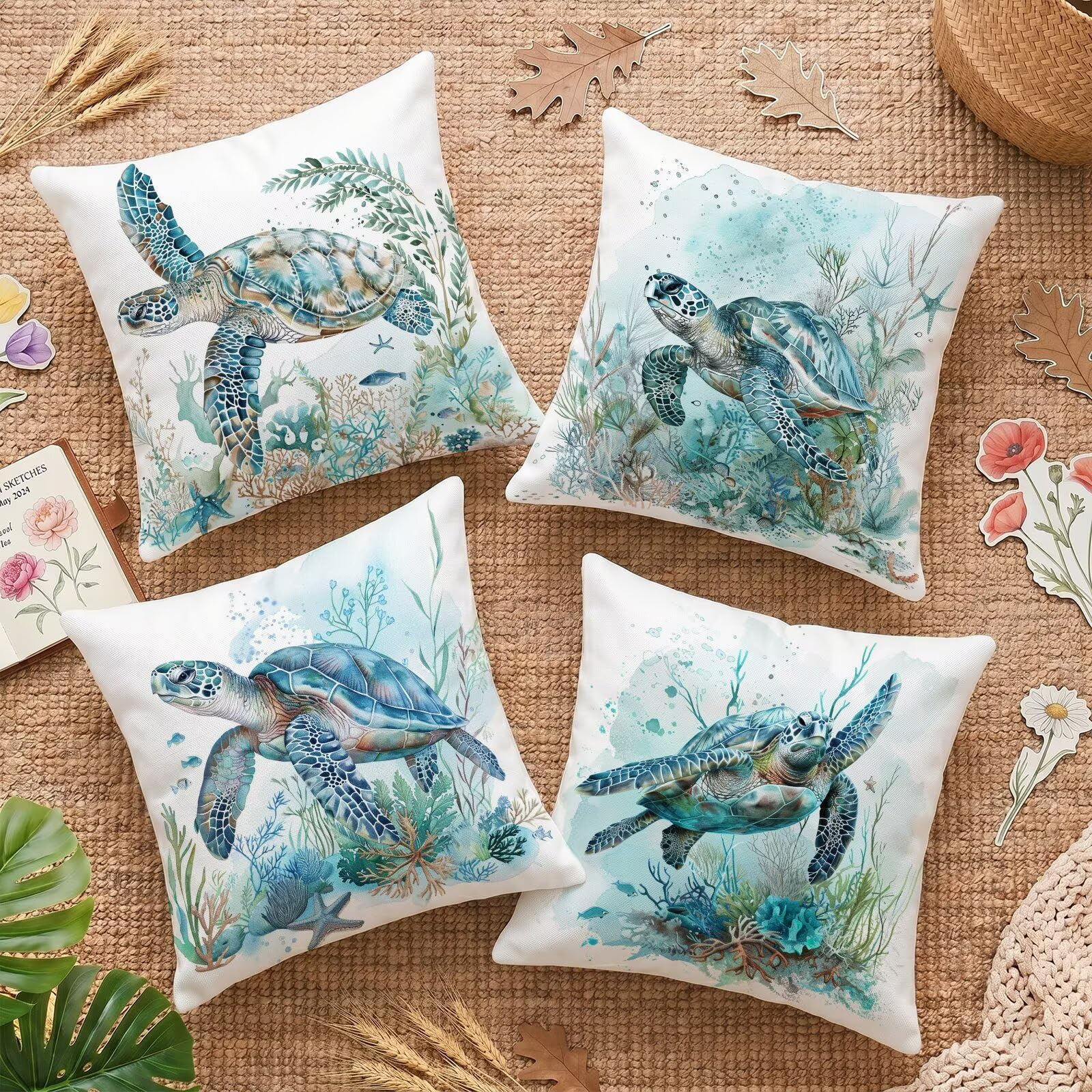 Housse coussin canapé 65x65 anti tache et pluie motif océan en lin