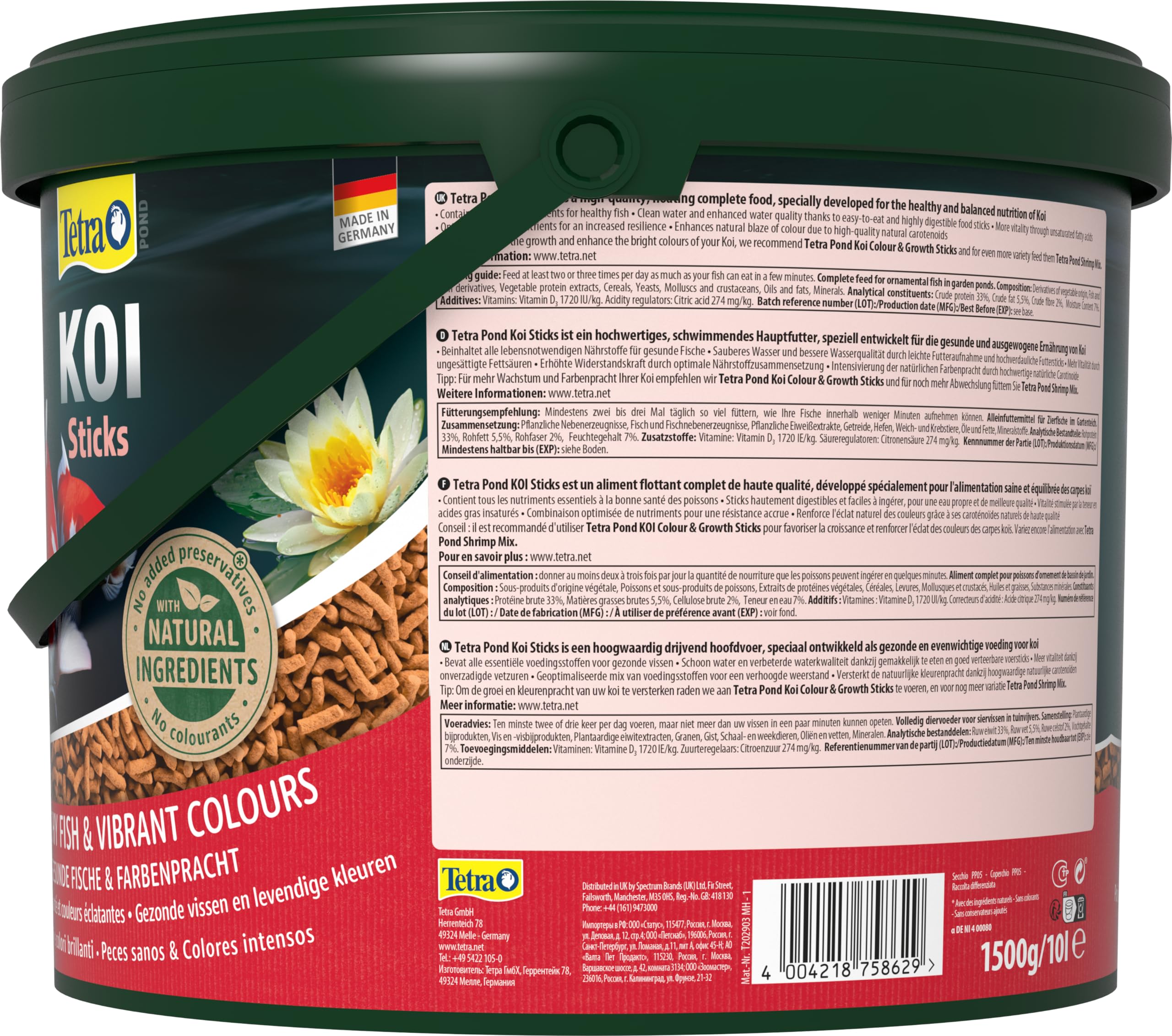 Tetra Pond Koi Sticks - Fodera Koi per pesci colorati e una migliore qualità dell'acqua, secchio da 10 l