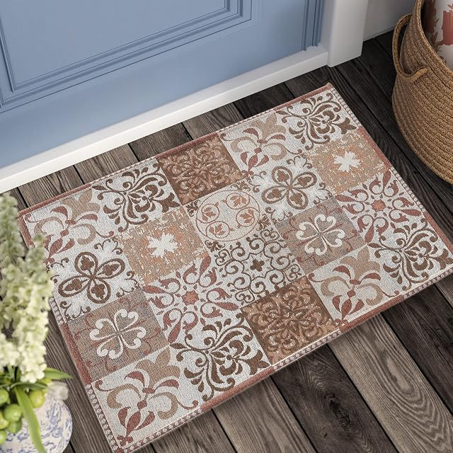 AMIDA Geometric Floral Pattern Indoor Door Mat 2'x3', Non Slip Entrance Rug Dirt Trapper Low-Profile Doormat Inside Machine Washable Floor Carpet for Kitchen/Entryway/Laundry/Bedroom(Beige+Orange)