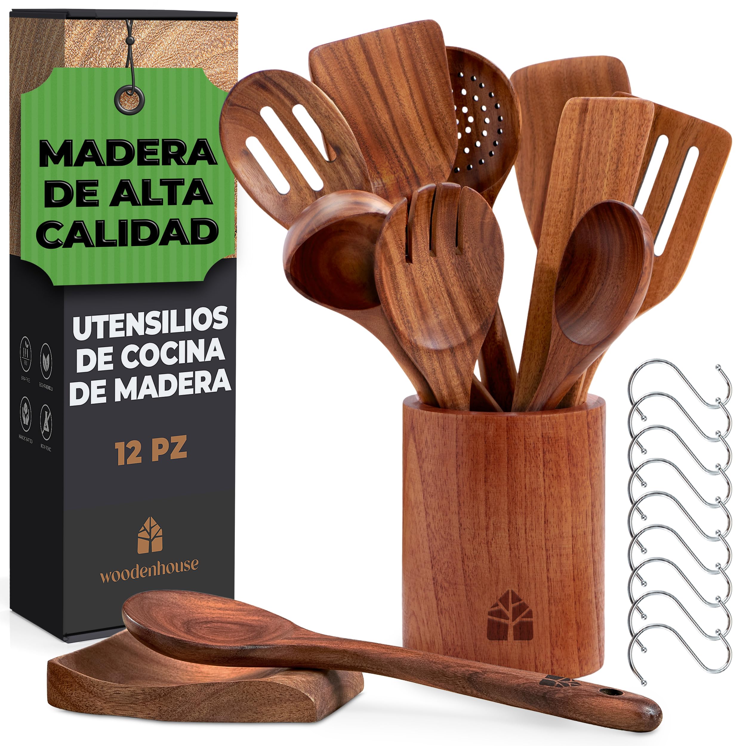 Set de espátulas y cucharas de madera de 12 piezas para recetas del día a día