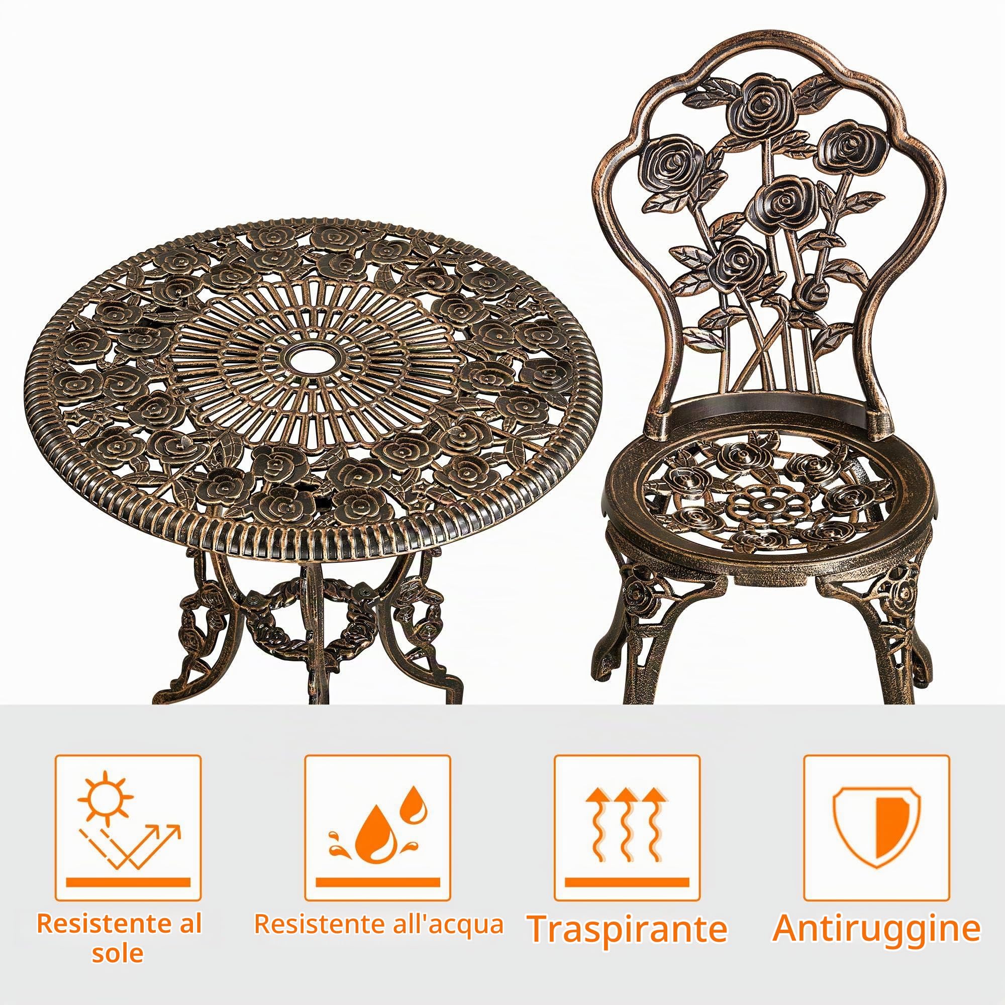 Yaheetech Set di Tavolo e Sedie da Giardino 3 Pezzi con 2 Sedie Bistrò Veranda Set Mobili Balcone Motivo a Rosa Vintage in Alluminio Bronzo