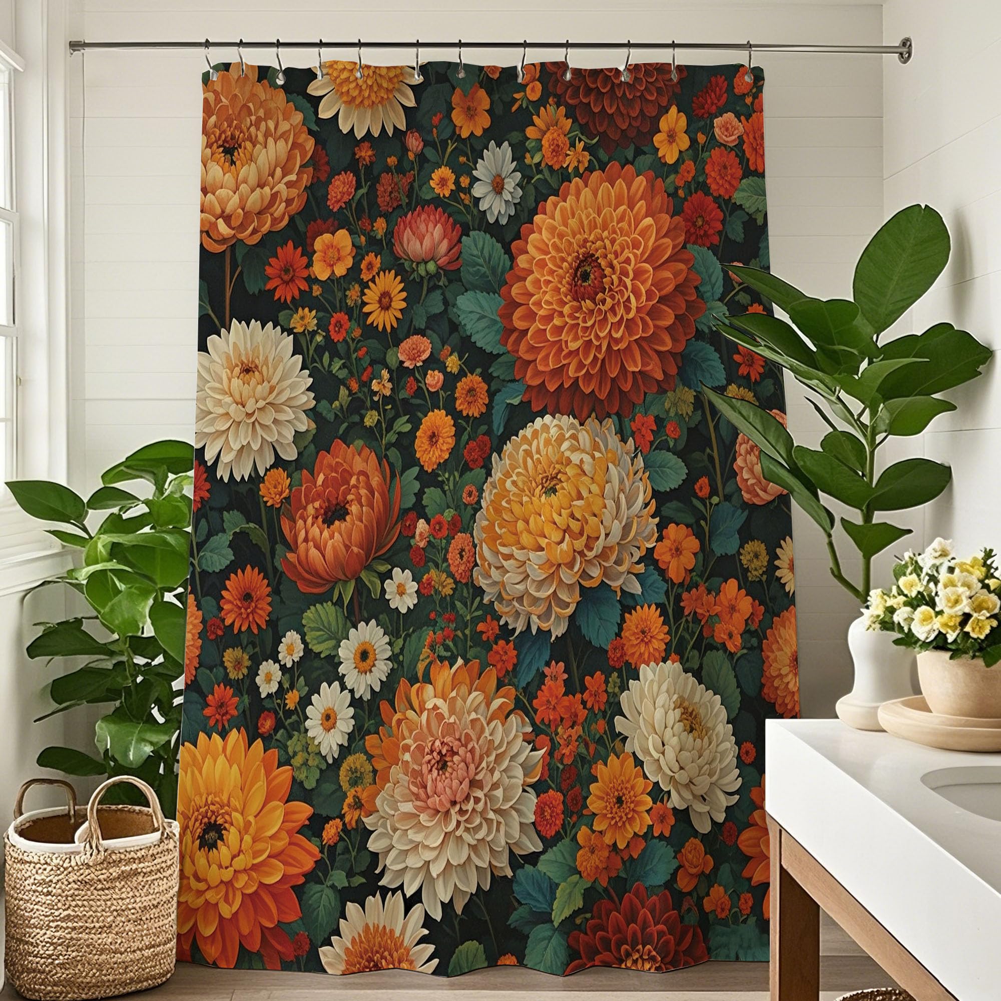 Pakena Boho Black Orange Floral Shower Curtain for Bathroom Bohemian Flower Shower Curtains Retro Vintage Spring Peony Dark Rose Bath Modern Decorative Bathroom Decor for Home 60x72 Inch