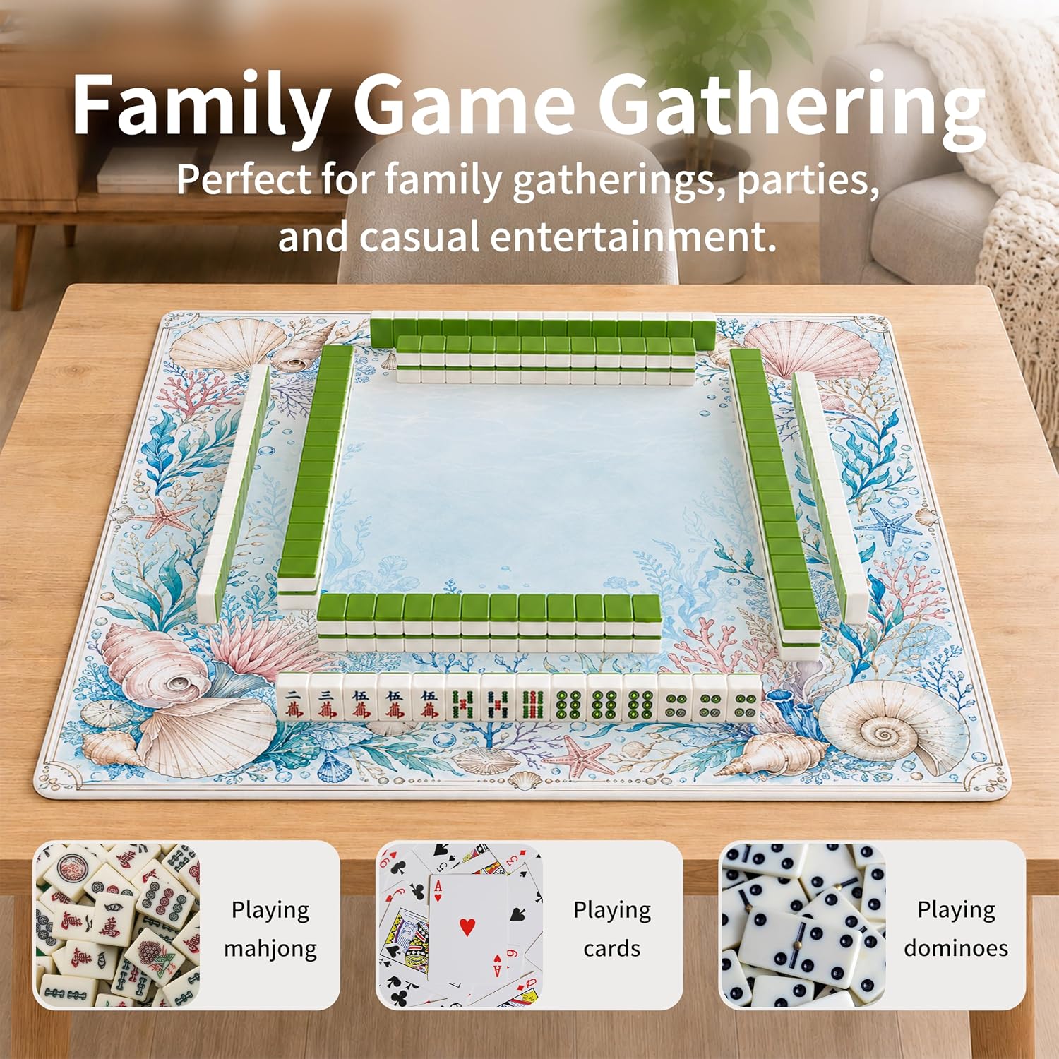 Blue Pretty Coastal Ocean American Mahjong Mat 31.5 X 31.5 Inch | Coastal American Mahjong Mat for Table, Blue Waterproof Non-slip Noise-Reducing Ocean American Game Table Mats