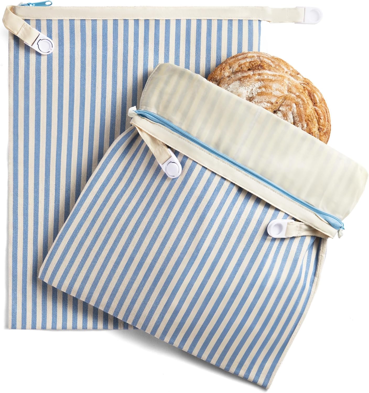 BRONYPRO Reusable Beeswax and Cotton Bread Bags with Zipper, 2-Pack Waxed Bread Bags for Homemade Bread & Sourdough, Sustainable Sourdough Loaf Storage to Lock in Freshness, Large 17x12.6in, Blue