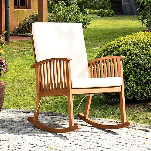 Miniatura 2 de GORELAX Mecedora para exteriores, silla mecedora de madera de acacia con cojín de asiento y respaldo, reposabrazos, cómoda mecedora de porche con