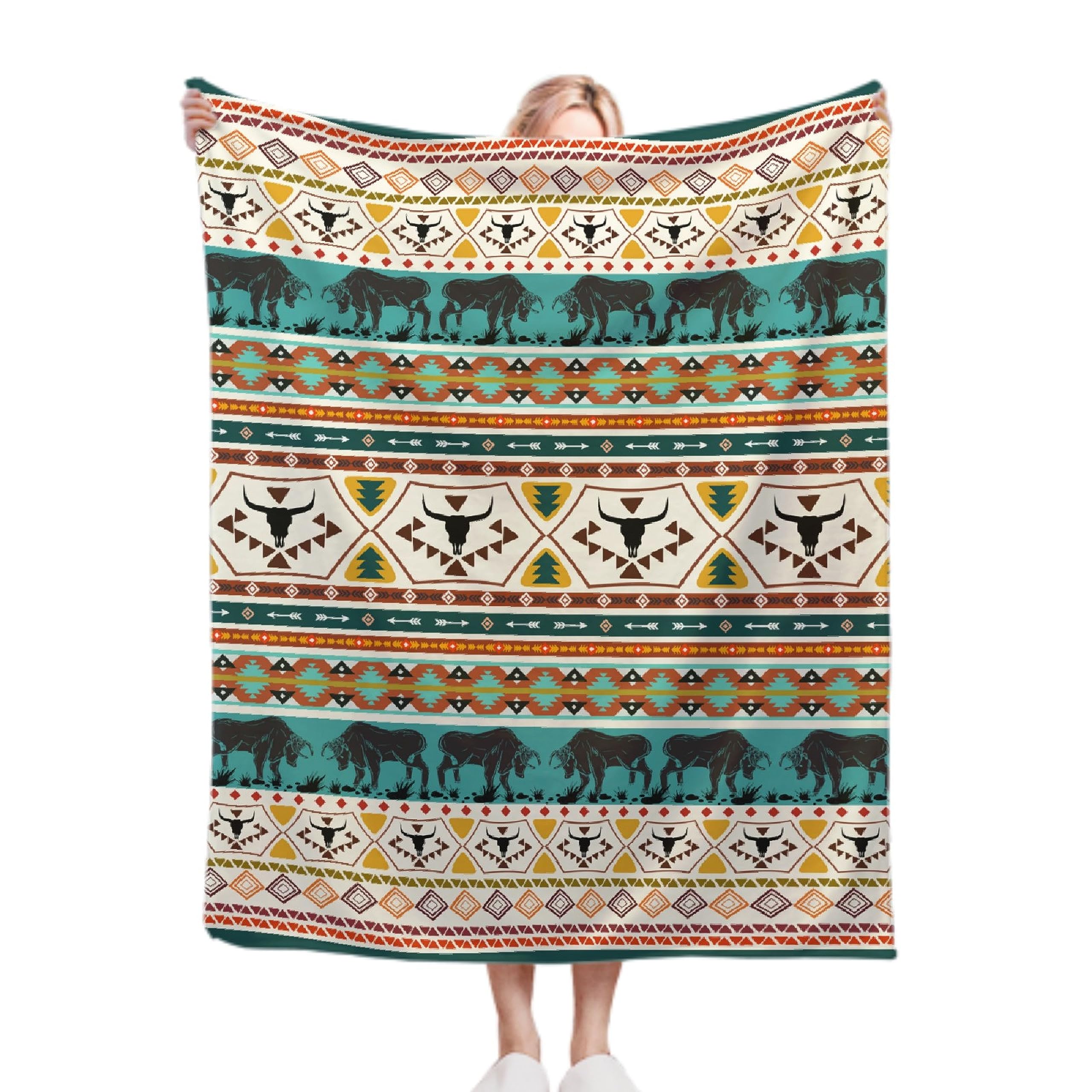 Bison Western Blanket Cow Southwest Native American Throw Blanket Boho Indian Tribal Aztec Super Soft Flannel Blanket for Sofa Bed Camping Geometry Plush Warm Home Decor,40"x50"for Kids/Baby — image 1