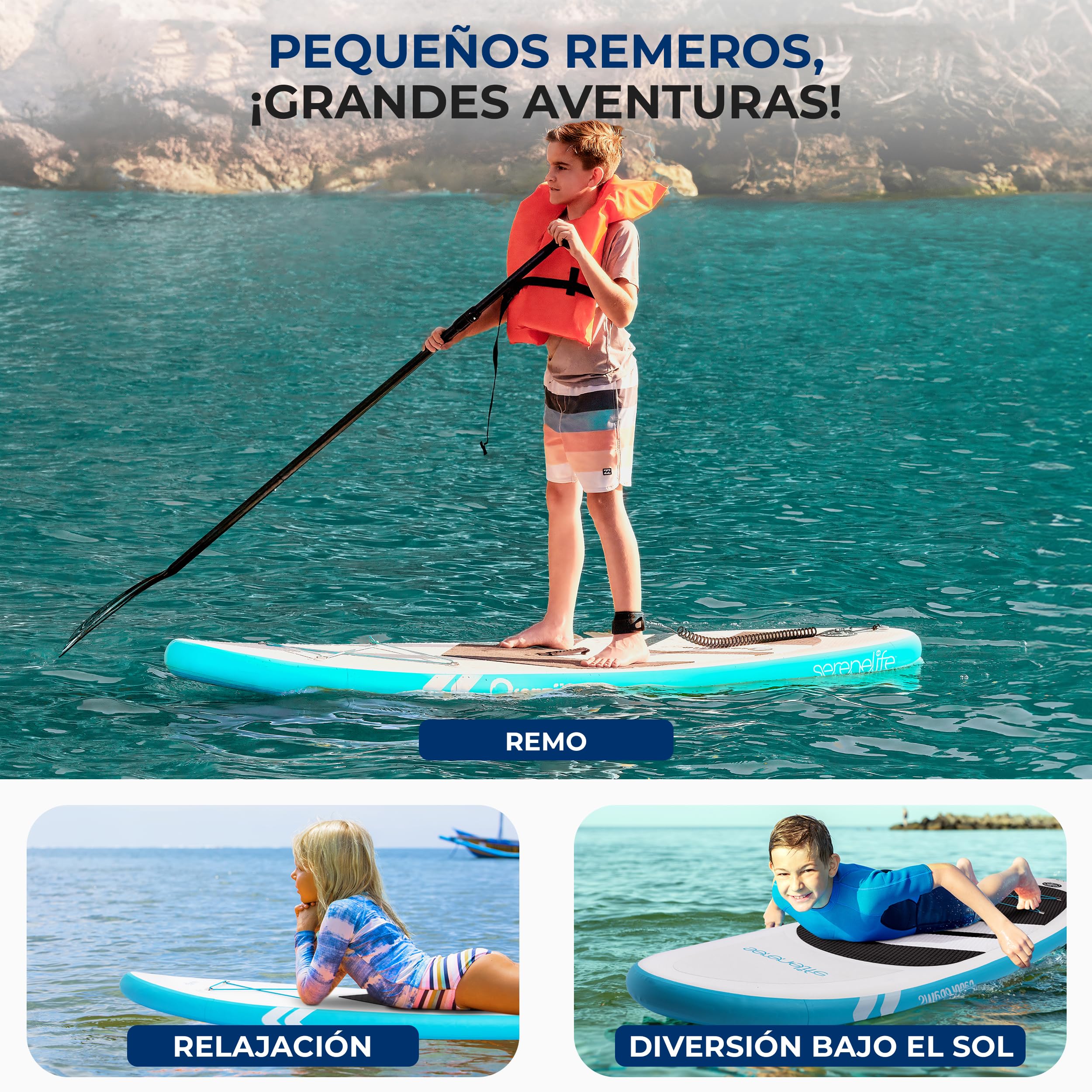 SereneLife Tabla Paddle Surf Inflable para Niños 2.36m, Sup con Bomba, Remo Ajustable, Mochila, Diseño Estable de 76cm y Almohadilla EVA Antideslizante, Apto para 5+ años, Capacidad 90.72kg