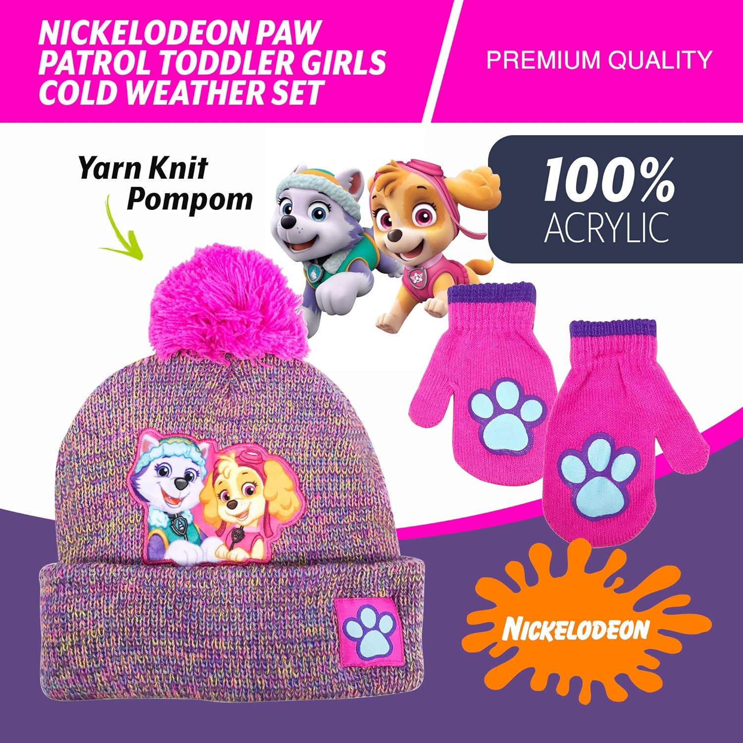 Nickelodeon Paw Patrol Toddler Girls Beanie Winter Hat and Mittens Cold Weather Set, Age 2-4: Clothing, Shoes & Jewelry