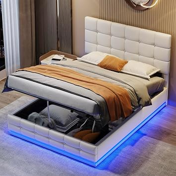 BTM 4FT6 Double Bed Frame, PU Faux Leather Double Bed Frames with LED Lighting, Upholstered Bed Frame with Gas Lift Large Storage and Button-tufted Headboard