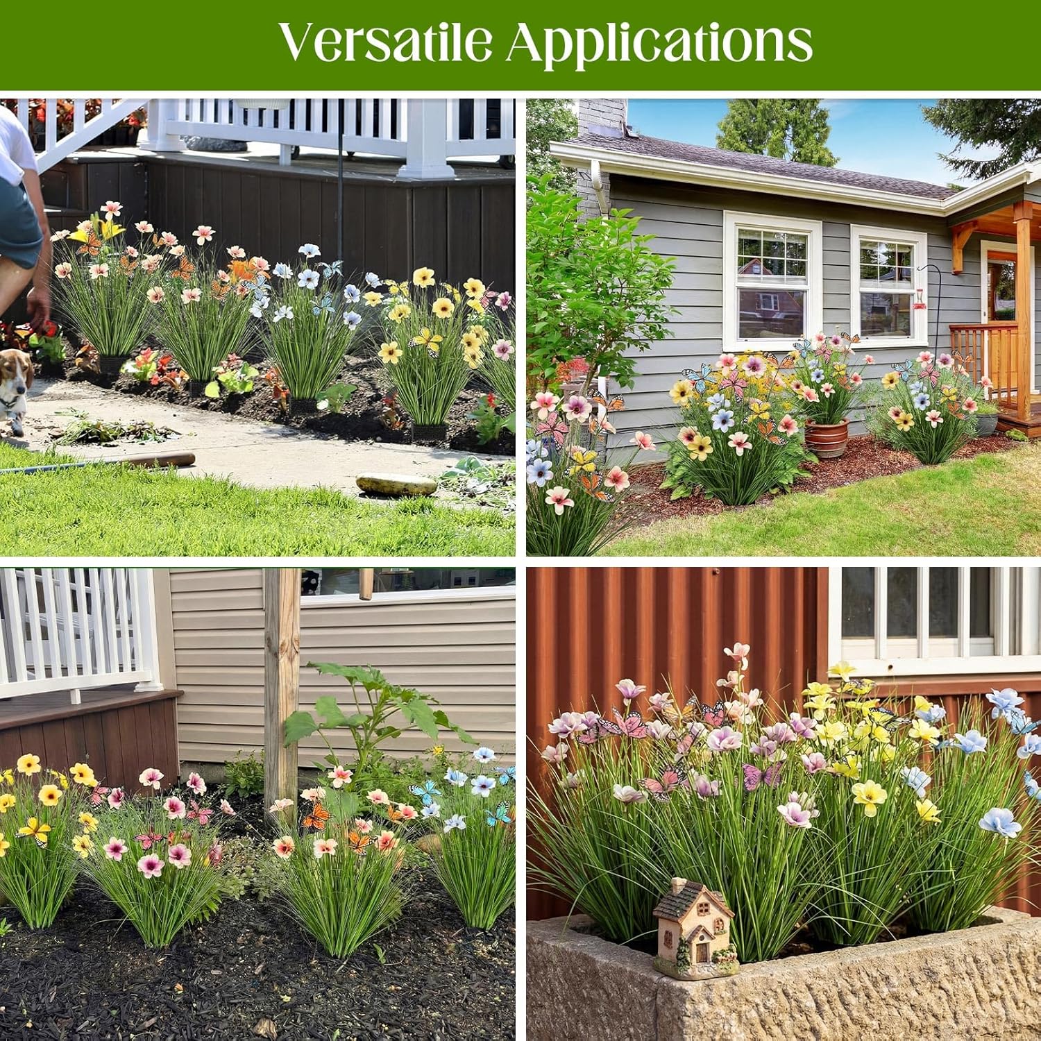 Jexine 4 Pcs Artificial Plants Outdoor 20 Inches Fake Urn Planter Vase Filler Indoor Artificial Onion Grass with Flowers and Butterflies for Home Vase Decor Indoor Outdoor