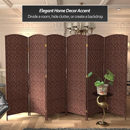Miniatura 65 de Divisor de ambiente resistente de 6 pies, pantalla de privacidad plegable de fibra de ratán con patrón de diamante, Madera, Natural Natural,Mocha