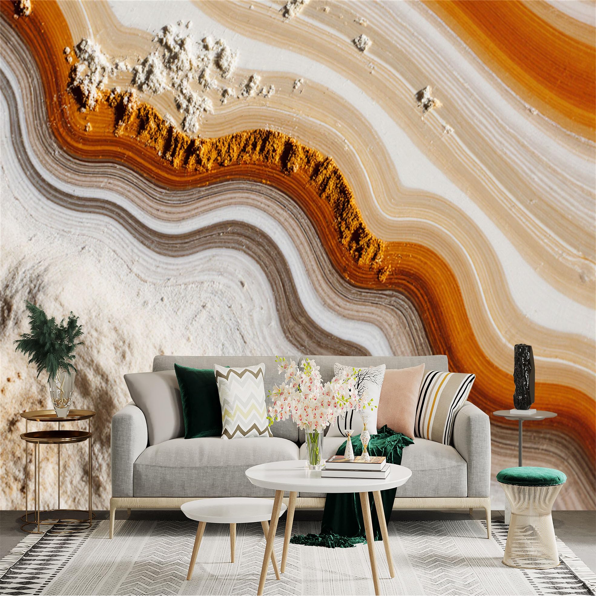 Custom Size Wall Sticker Mural， Abstract Beige and Gold Agate Texture， Elegant Liquid Marble Swirls， Modern Luxury Stone Pattern， for wall Decoration， peelandstick wall Decals.