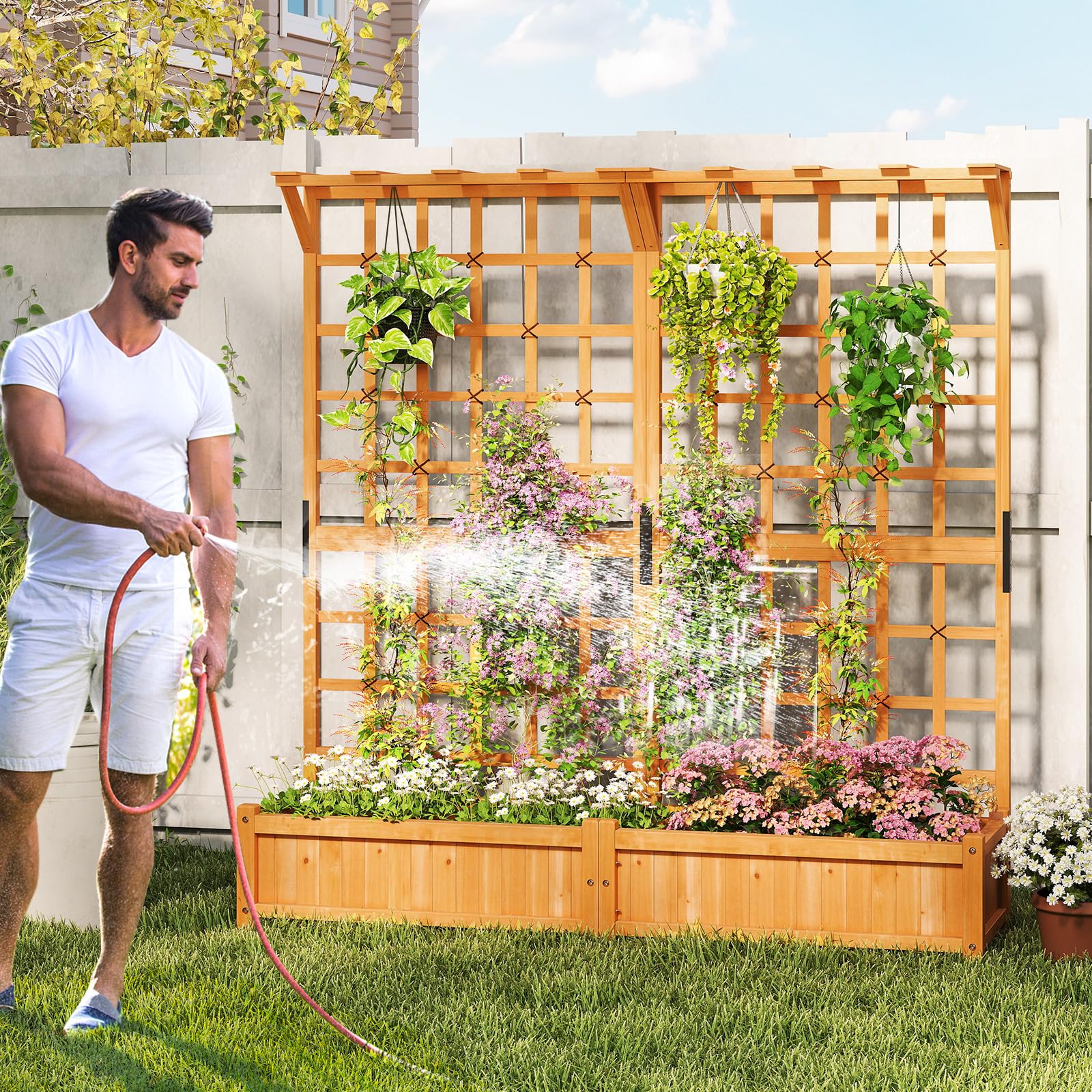 RELAX4LIFE Jardinière Surélevée avec Treillis 183CM, Jardinière sur Pied en Bois avec 4 Trous de Drainage, Conteneur de Plantes Vertical Pourvignes Grimpantes, Naturel