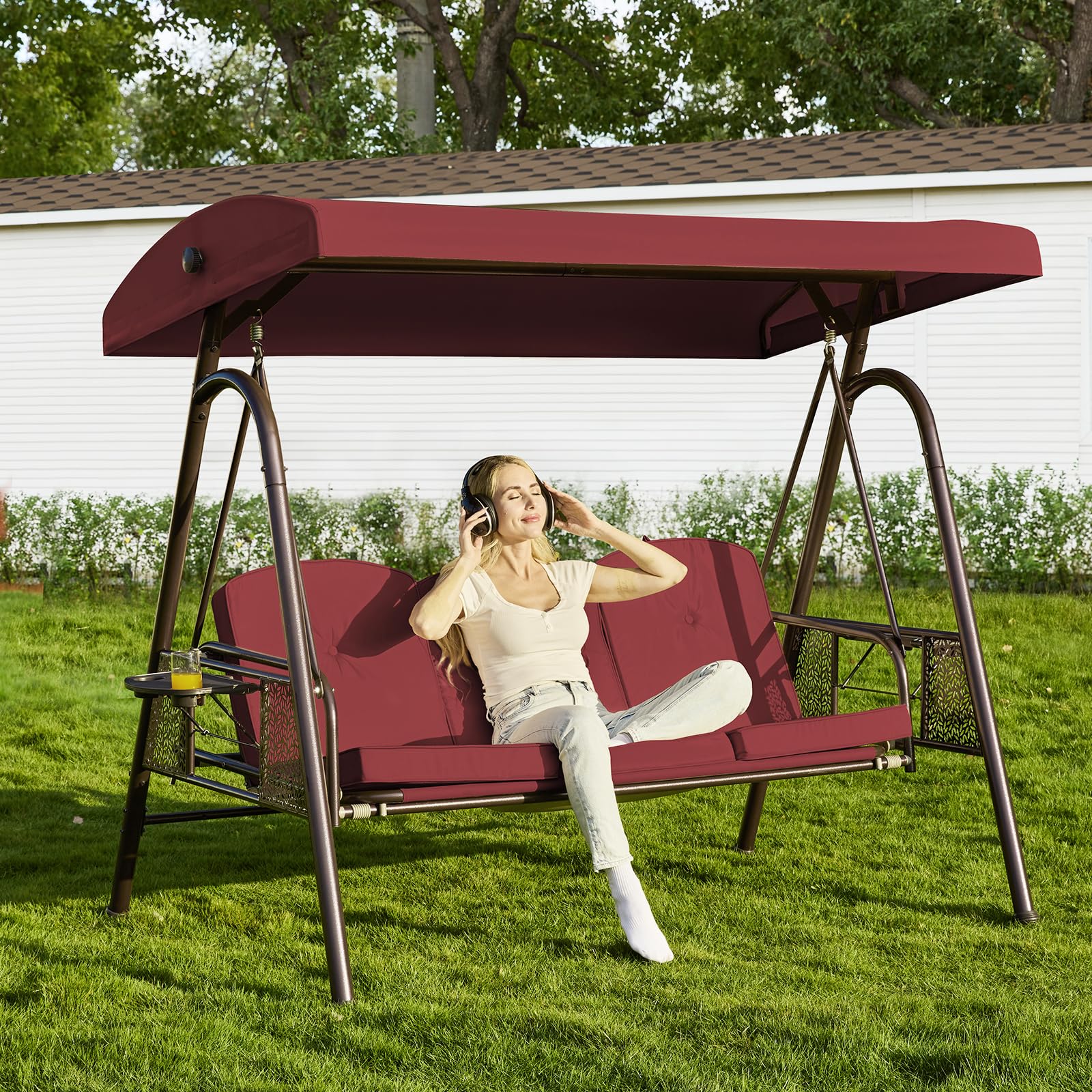 Oungelark 3 Seat Outdoor Patio Porch Swing with Stand and Adjustable Canopy