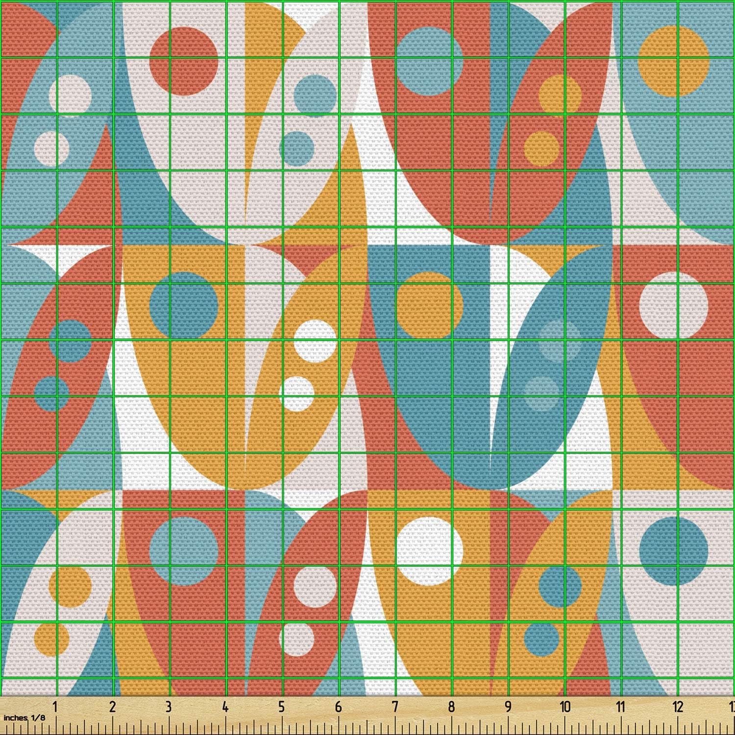 Lunarable Mid Century Fabric by The Yard, Modern Style Floral Shapes Inspired Motifs with Dots Illustration Art Print, Decorative Fabric for Upholstery and Home Accents, 10 Yards, Coral Teal