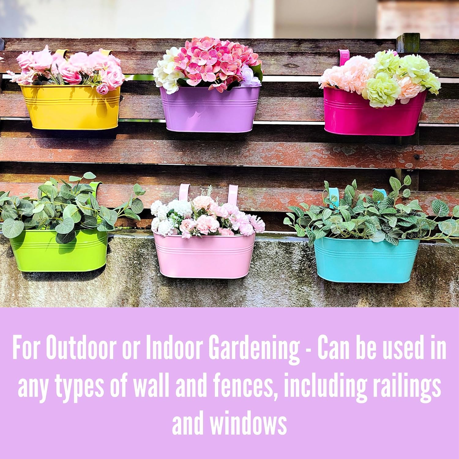 LaLaGreen Bundle- 5 Pack, 11.2 Inch Black Metal Pot + 6 Pack, 11.8 Inch Colorful Metal Pot, Hanging Flower Fence Railings Window Box Bucket Plant Holder with Hook Modern Home Patio Porch Outdoor Decor