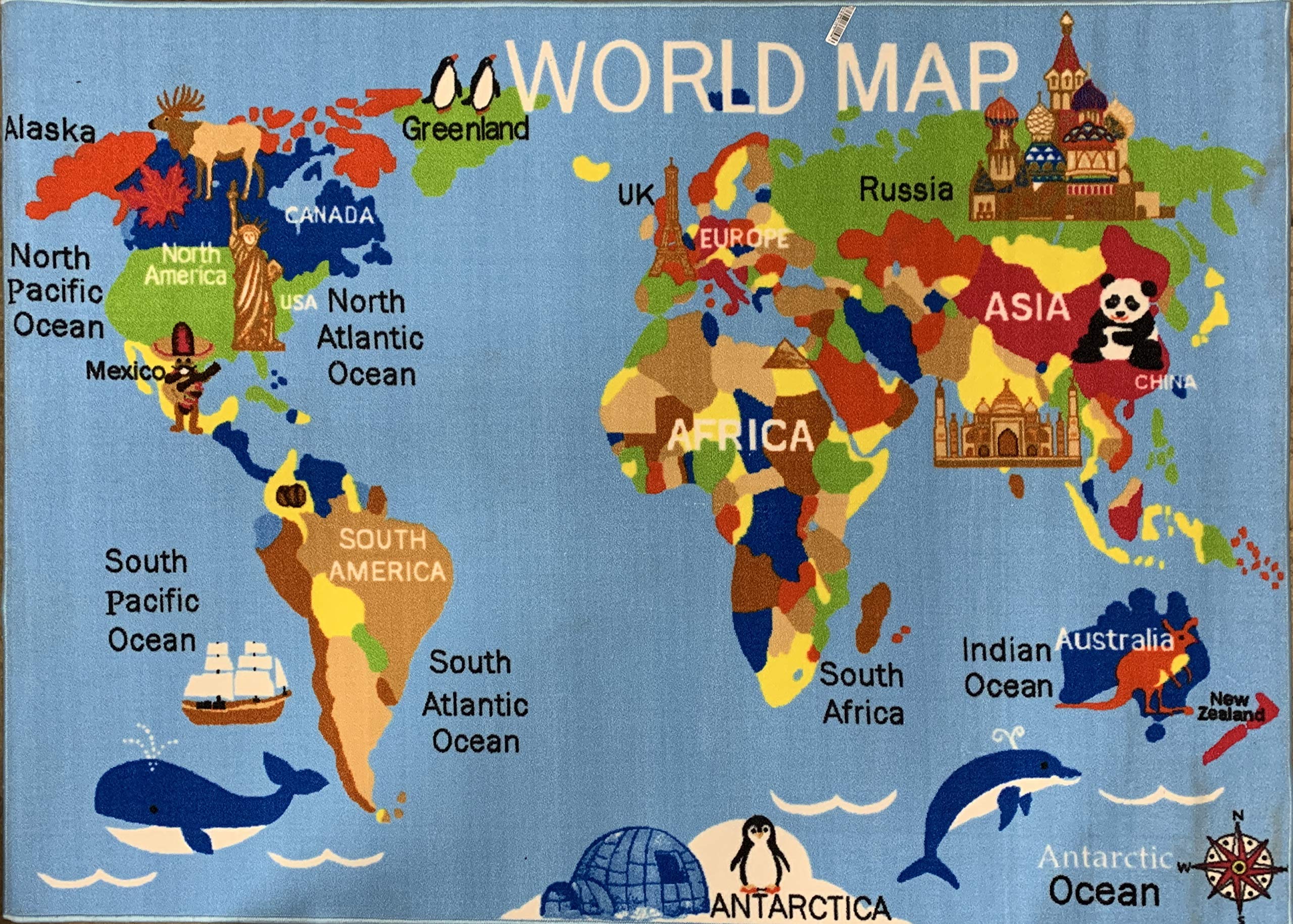 Kids Reversible Area Rug World Continent Map Double Sided