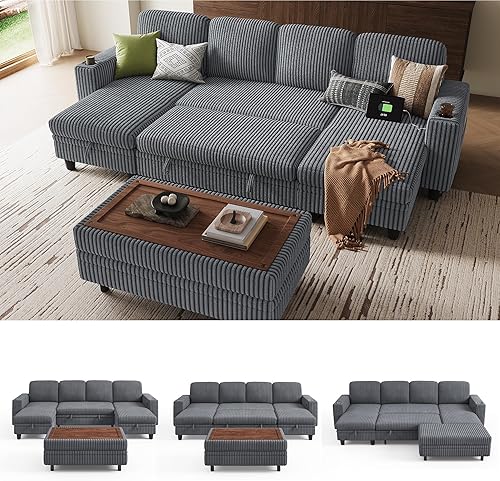 Miniatura 16 de LINSY HOME - Sofá cama extraíble modular con sección para dormir, con almacenamiento, sofá seccional de pana mullida para sala de estar, sofá cama