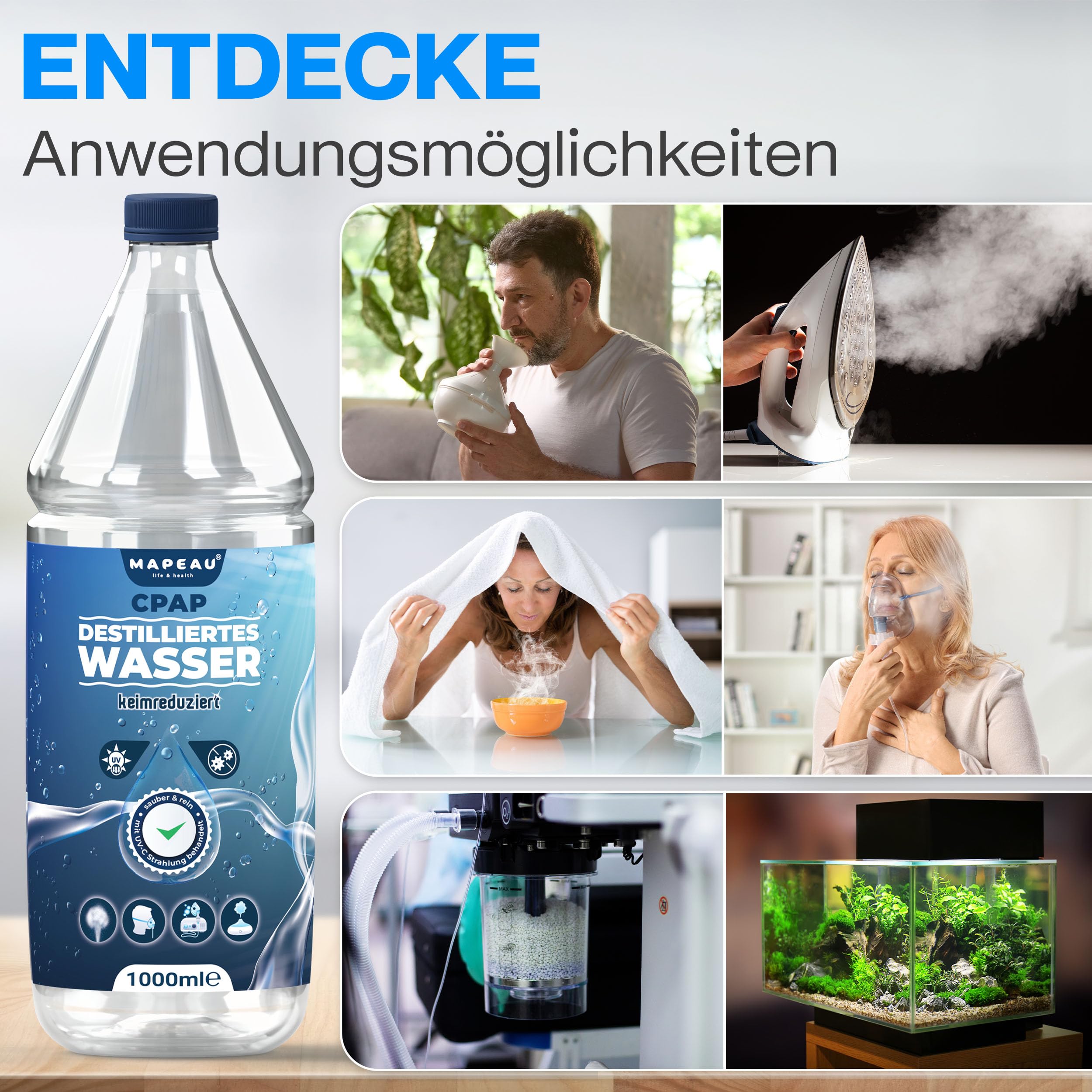 Mapeau CPAP destilliertes Wasser für CPAP-Geräte, Wasser für Sauerstoffgerät, Inhalator, Luftbefeuchter, Atemgas-Befeuchtung (5x 500ml)