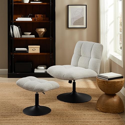 Miniatura 14 de Art Leon Silla de escritorio sin ruedas, con otomana y almohada lumbar, silla de oficina sin brazos sin ruedas, silla cruzada moderna, giratoria de