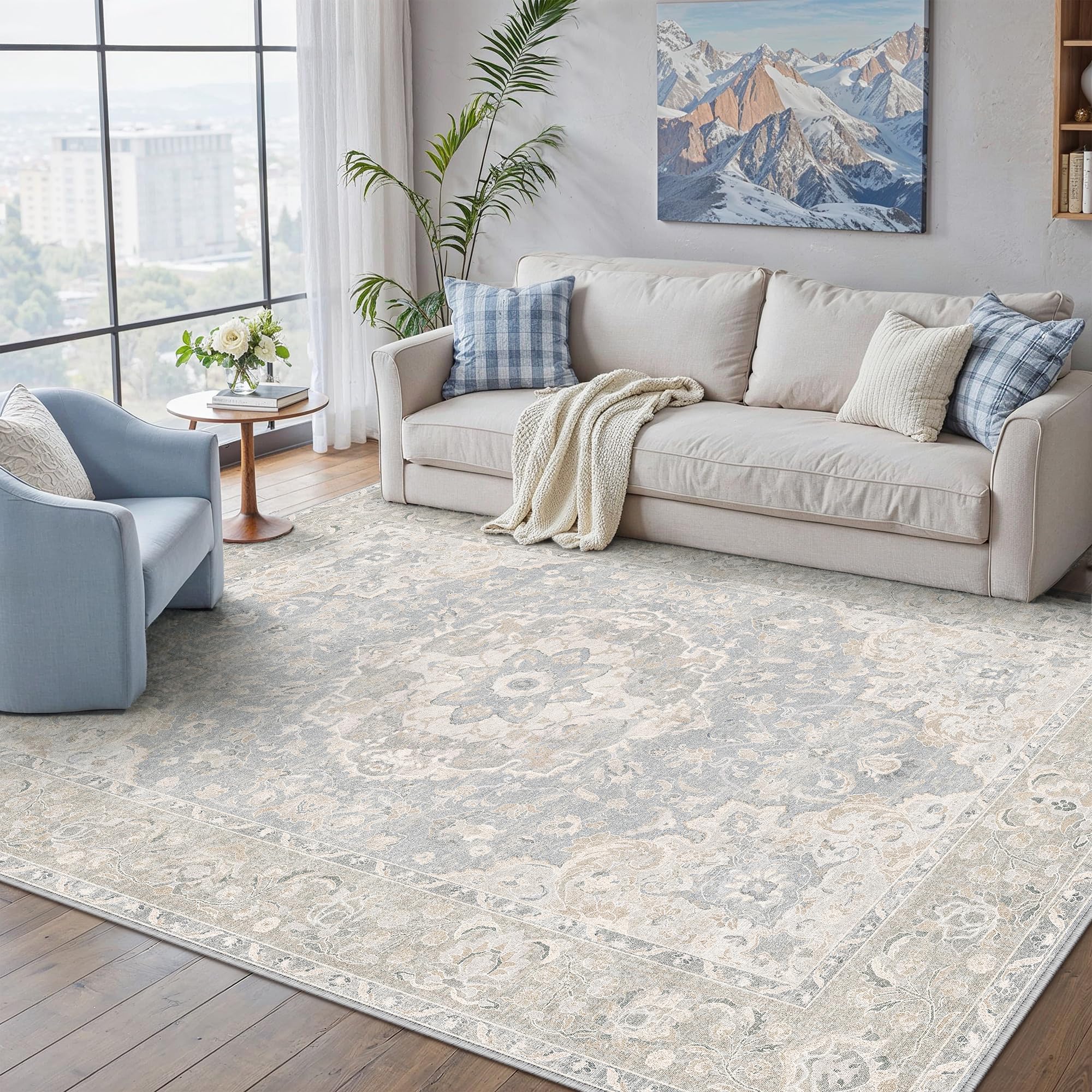 PureCozy Blue Washable Vintage Rugs Living Room Rug 140x200cm — image 1