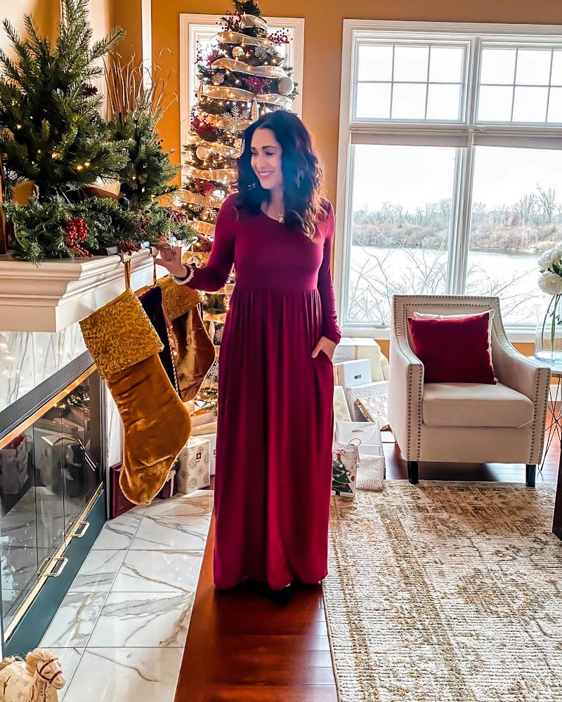 GRECERELLE Women Long Sleeve Casual Round Neck Loose Maxi Long Dress with  Pockets, Wine Red, S at Amazon Women's Clothing store