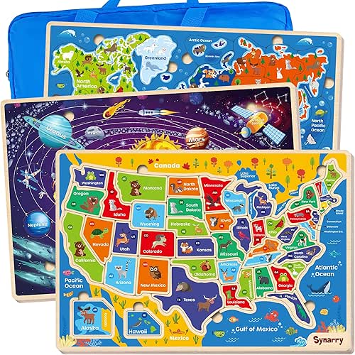 SYNARRY Large USA World Solar System Wooden Puzzles for Kids