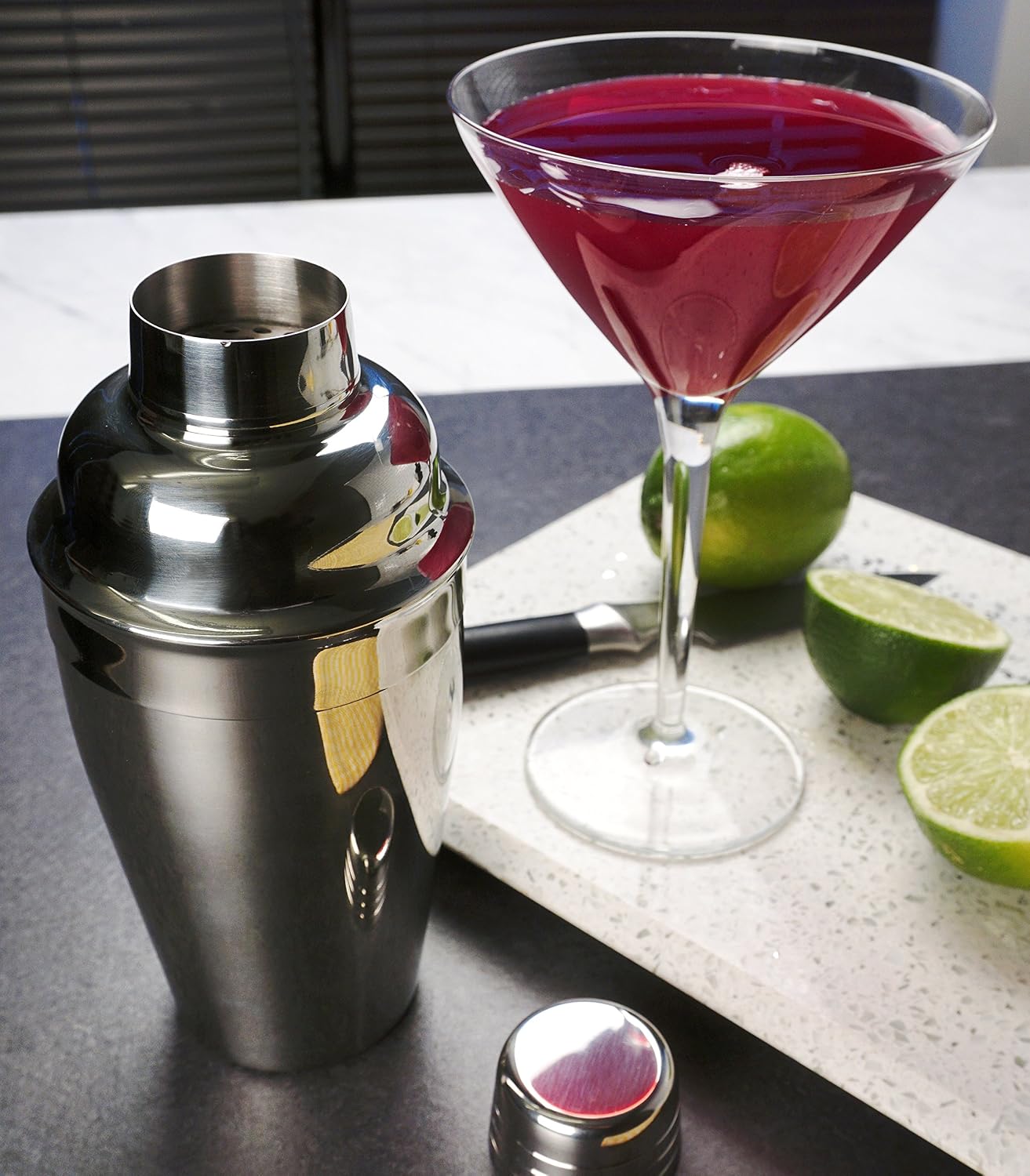 RSVP International Stainless Steel Cocktail Shaker, 18 Ounce | Shake Margaritas, Cosmos, Manhattans, Martinis & More | Modern Design with Large Straining Holes | Dishwasher Safe