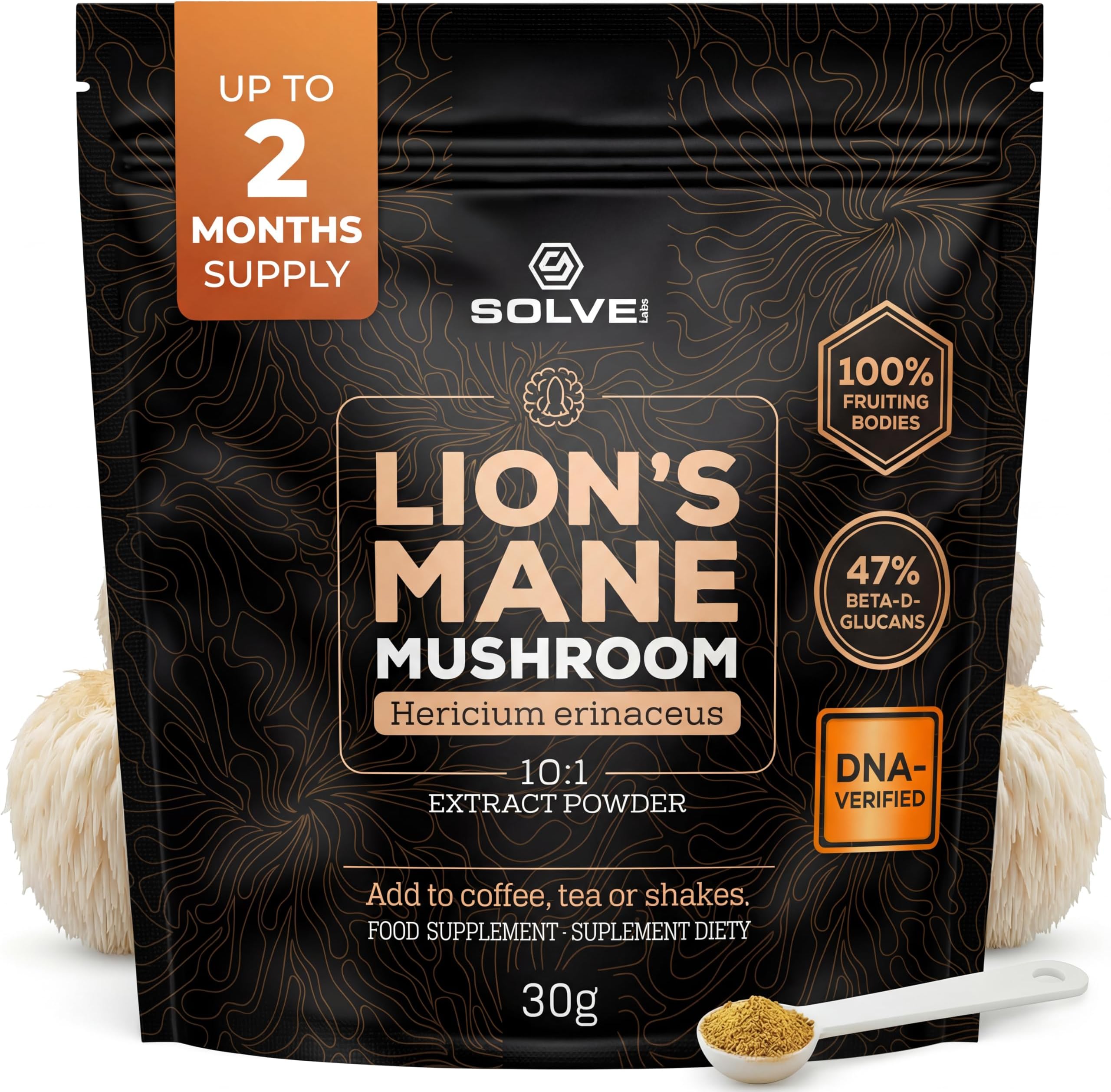 ● Lion's Mane Powder ● 10:1 Extract ● 100% Fruit Body ● 45% Beta-D-Glucans ● No Fillers or Additives ● 30g (2 Serves of 15g)