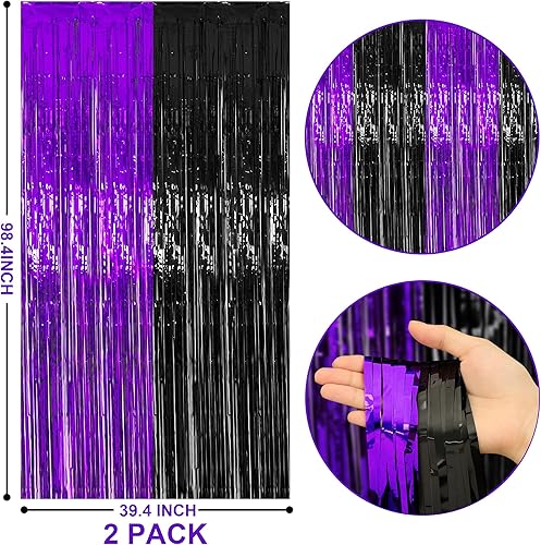 Miniatura 2 de Paquete de 2 cortinas de flecos de aluminio de oropel negro y naranja, cortinas de aluminio metálicas para el hogar al aire libre, fiesta de