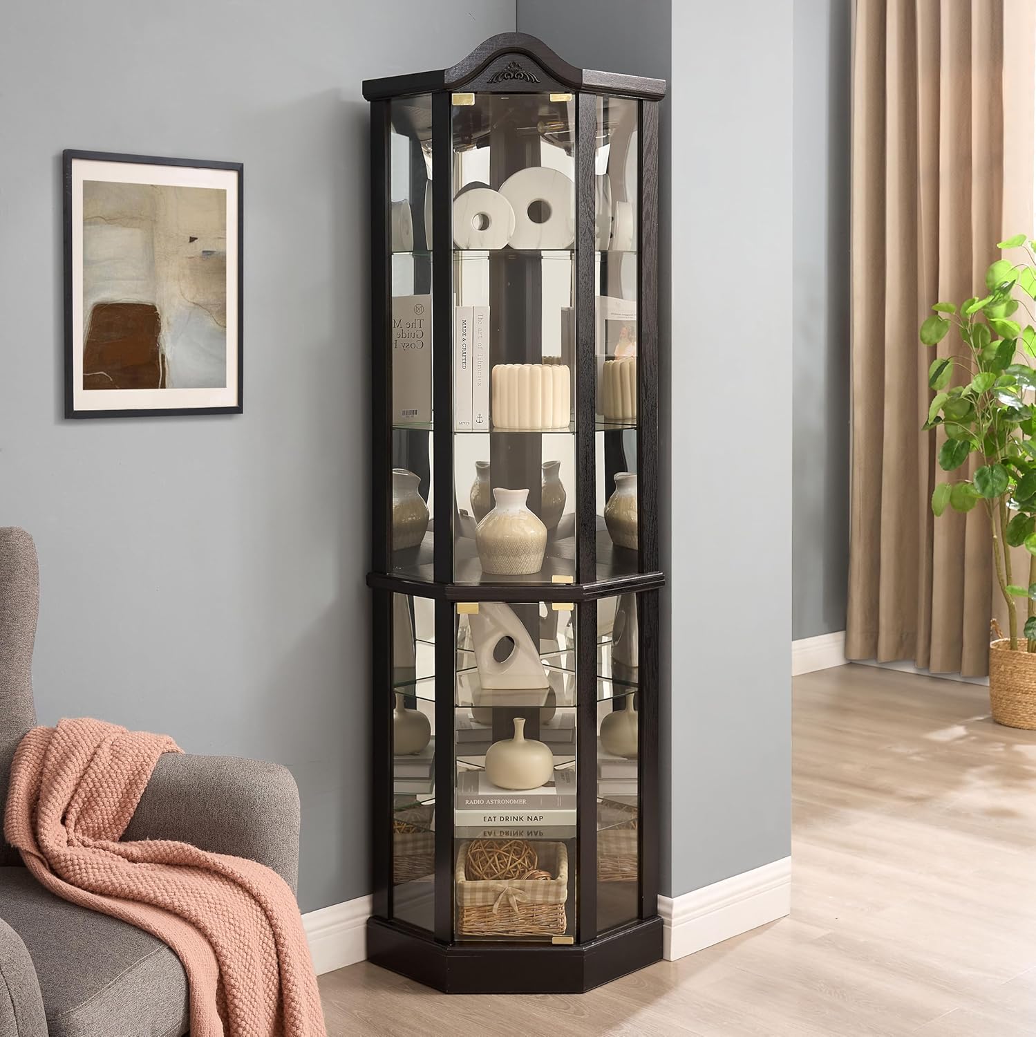 Lighted Corner Curio Cabinet with Adjustable Glass Shelves, Tall Display Cabinet with Glass Doors & Built-in LED Light, Antique Style Storage Cabinet for Collectibles Wine Books (Black)