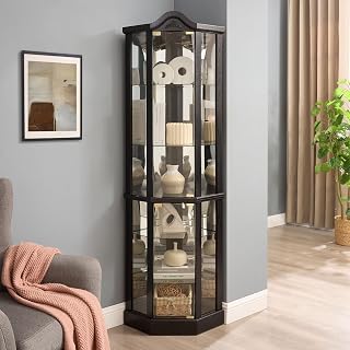 Lighted Glass Corner Curio Cabinet with Adjustable Shelves, Carved Cherry Decoration Display & Wine Storage for Home Office Use