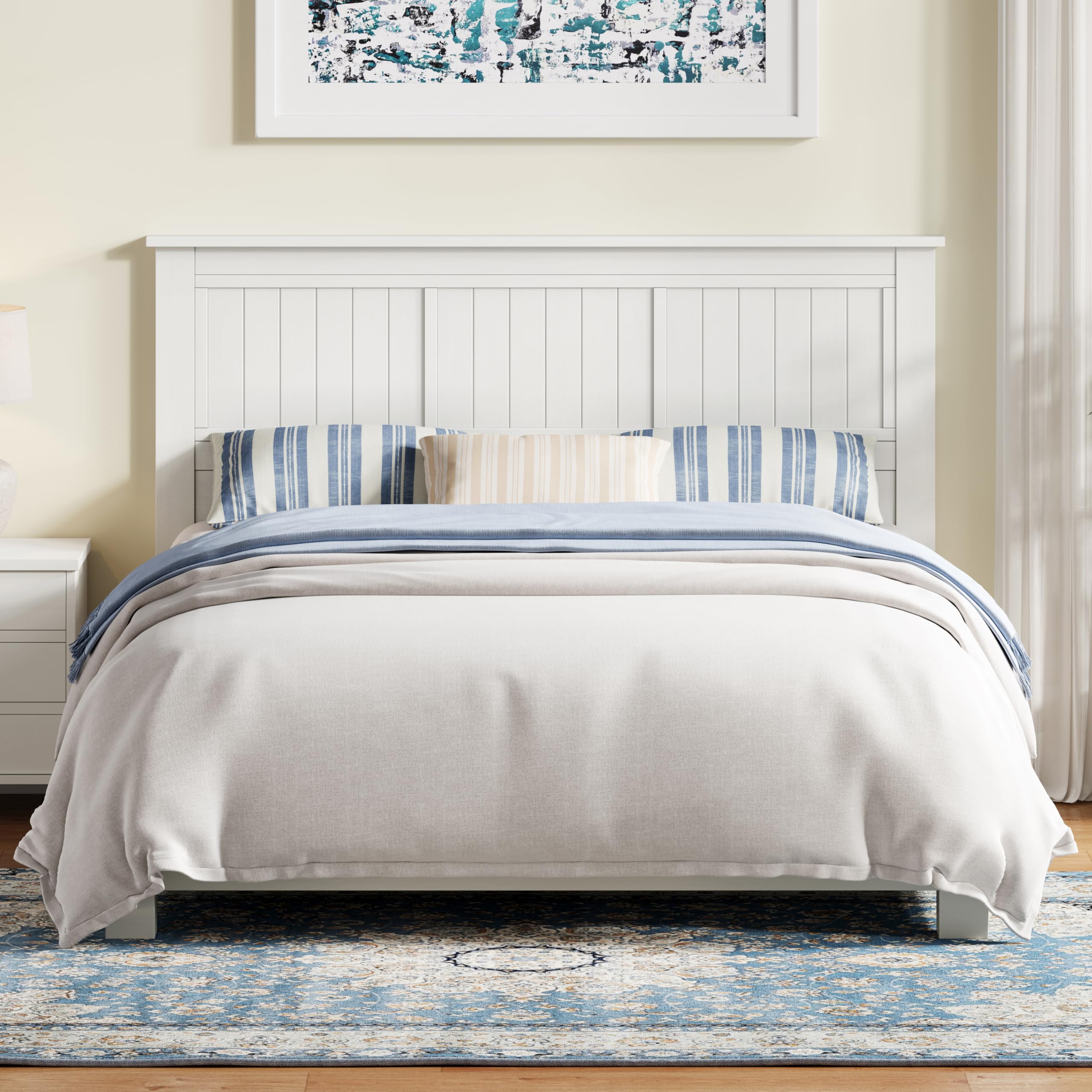 ComfIQ Serene Solid Wood Panel Headboard with Window-Pane Design, Queen Size, White, Easy Assembly, Quality Materials