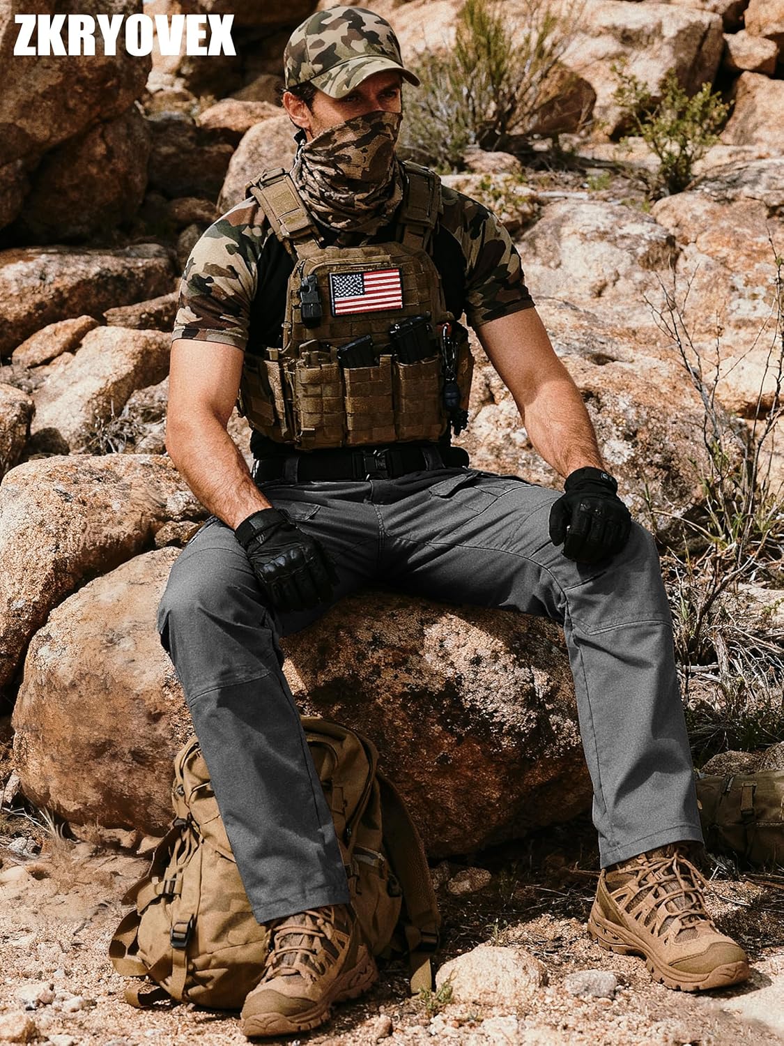 Men's Tactical Pants Water Resistant Stretch Cargo Ripstop Pants Lightweight Breathable Outdoor Work Hiking Pants