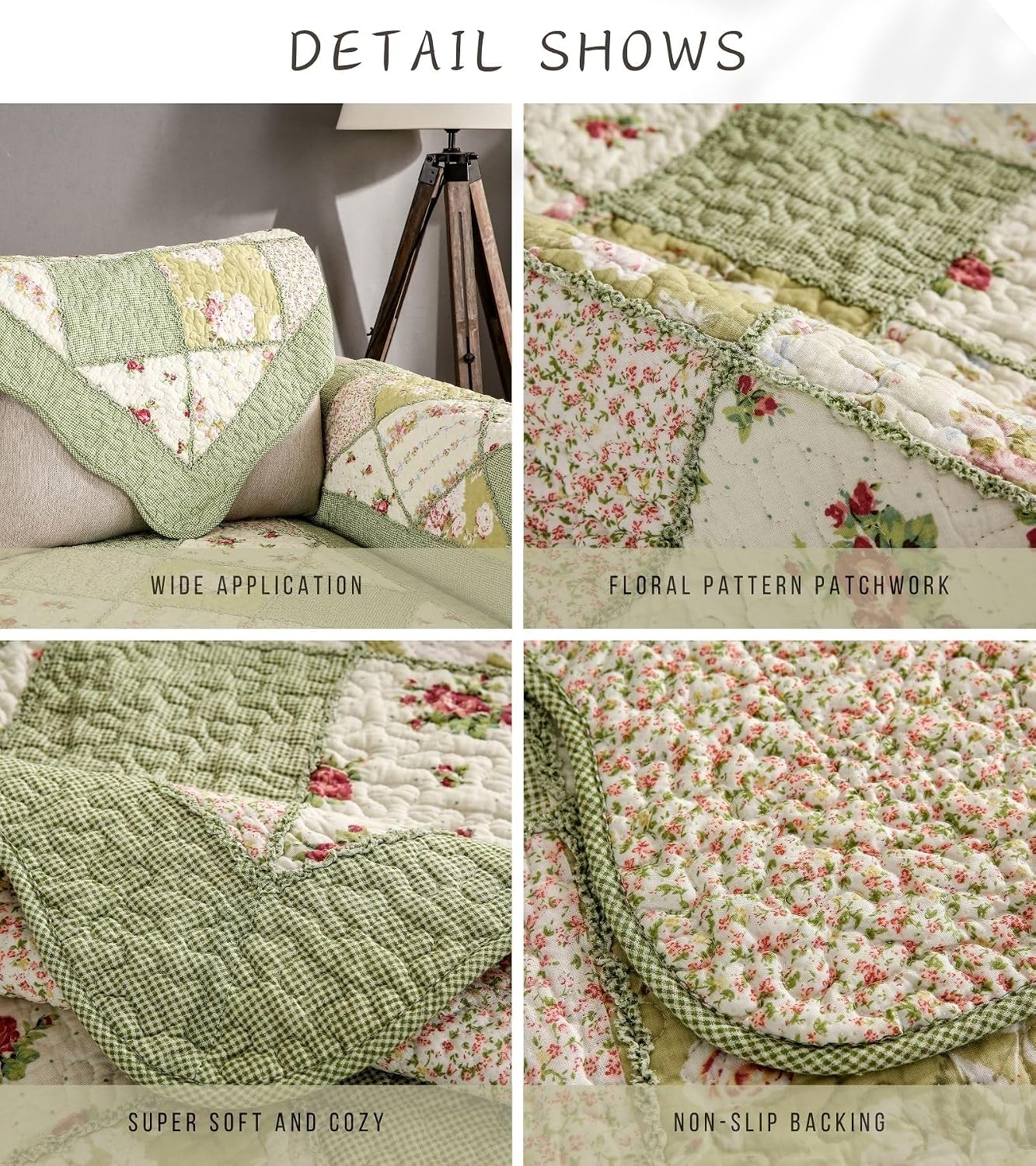 Boho Patchwork Sofa Cover Floral Pattern Sofa Slipcover Soft Cotton Quilted Sectional Couch Cover Non-Slip Washable Furniture Protector for Pet Kids Carpet Window Mat (Green,28"x28")