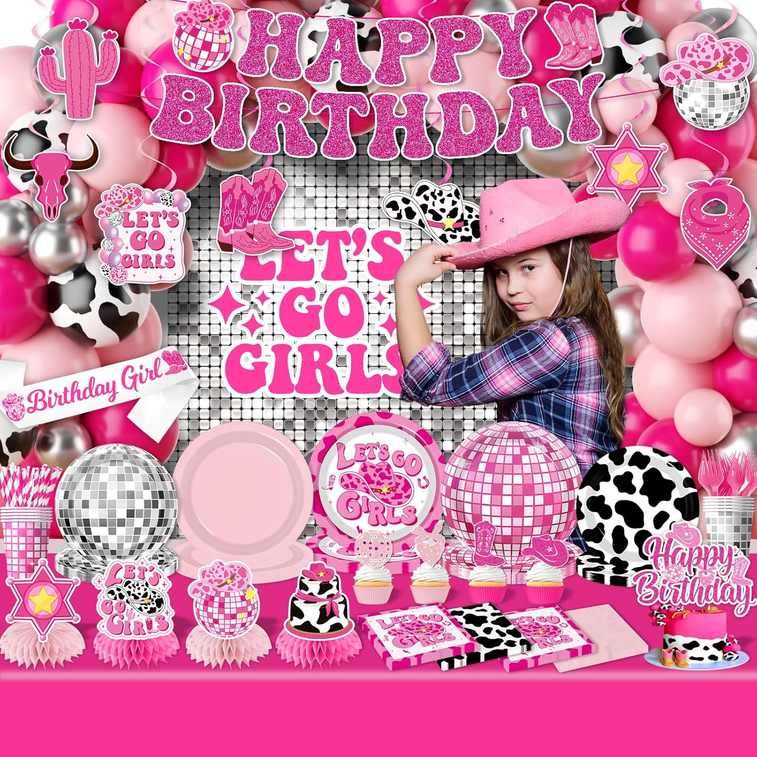 Cowgirl Birthday Party Decorations,275Pcs Disco Cowgirl Party Decorations with Cowgirl Balloon Arch,Lets Go Girls Backdrop,Tableware Banner Tablecloth for Western Cowgirl Last Rodeo Bachelorette Decor