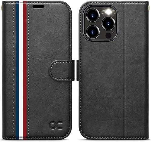 Miniatura 9 de OCASE Funda compatible con iPhone 15 Pro Max, funda tipo cartera de piel sintética con tarjeteros, bloqueo RFID, soporte a prueba de golpes, funda