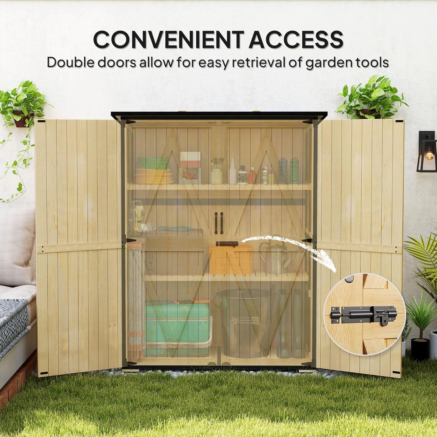 55.1Wx29.1Dx65.7/68.1H 2 Shelves 44lbs/110lbs Capacity Fir Wood Storage Shed and Asphalt Roof Lockable Doors Adjustable Feet Powder-Coated Steel FFor rame Natural Finish