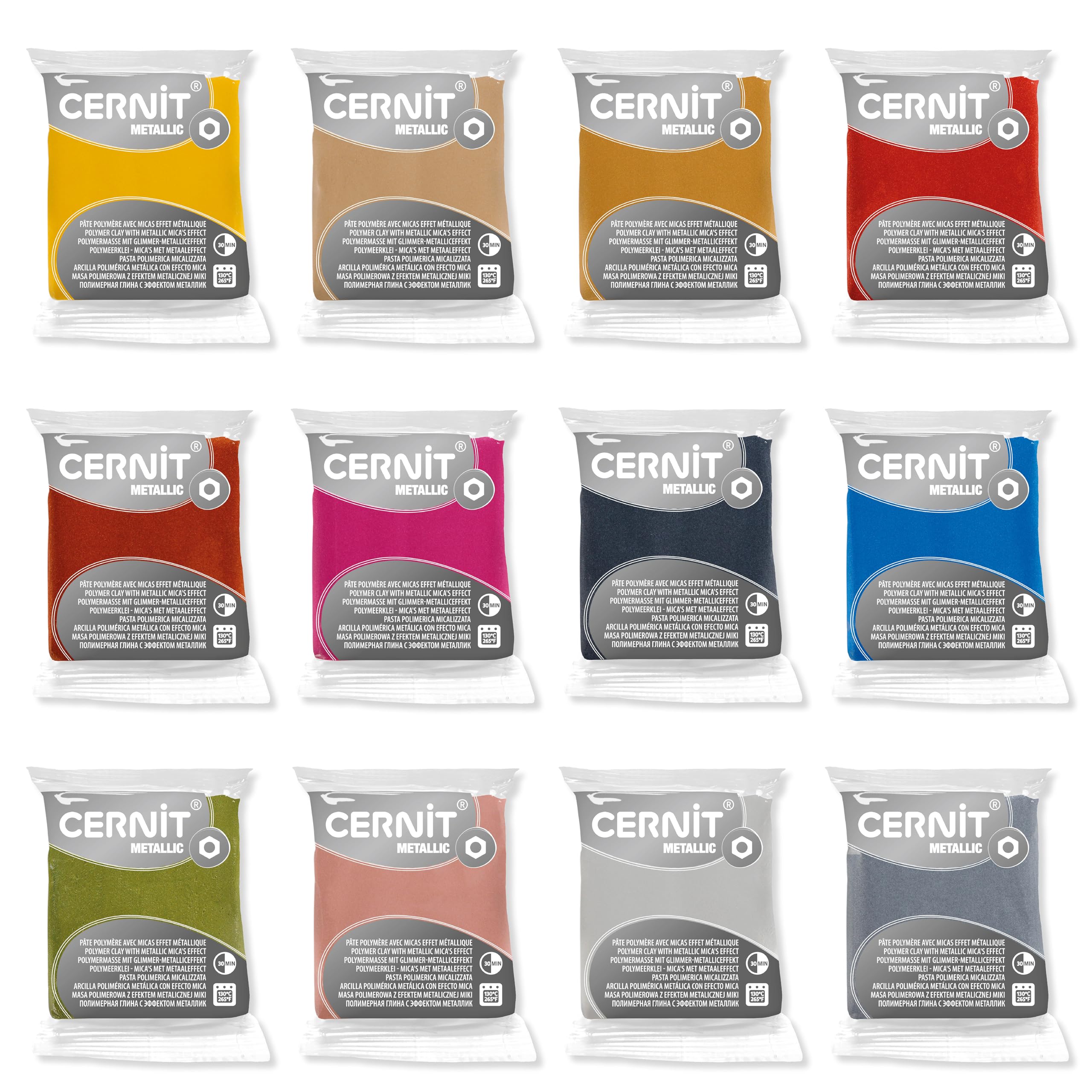 CERNIT CE0870012K01C - One Pack of 12 - Cernit Metallic Polymer Clay Colours - Size 12 x 56g Bars - Classic Shades - Assorted Pack - Manufactured in Belgium