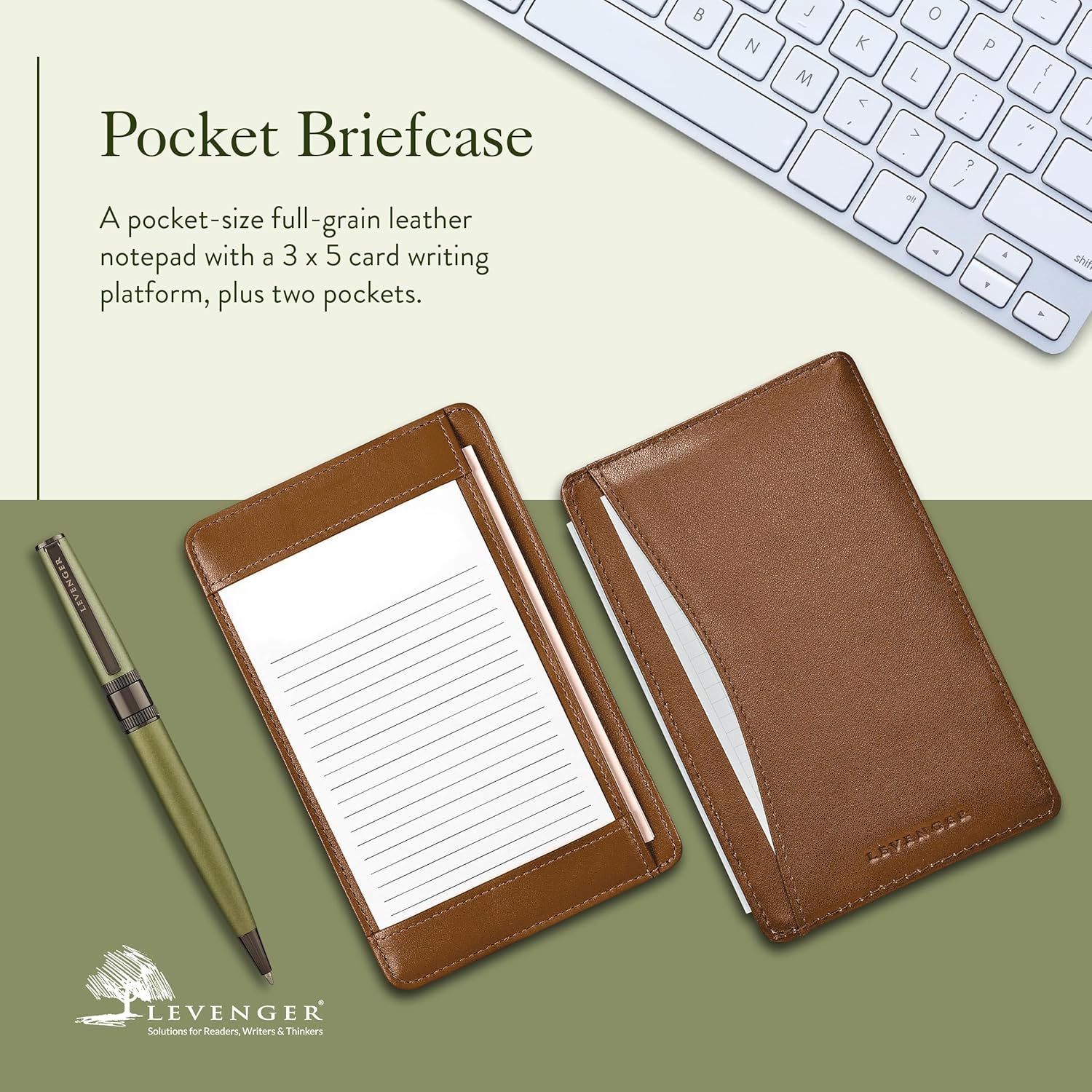 Levenger Pocket Briefcase Leather Pocket Notepad 3x5 Index Card Holder Organizer, Saddle
