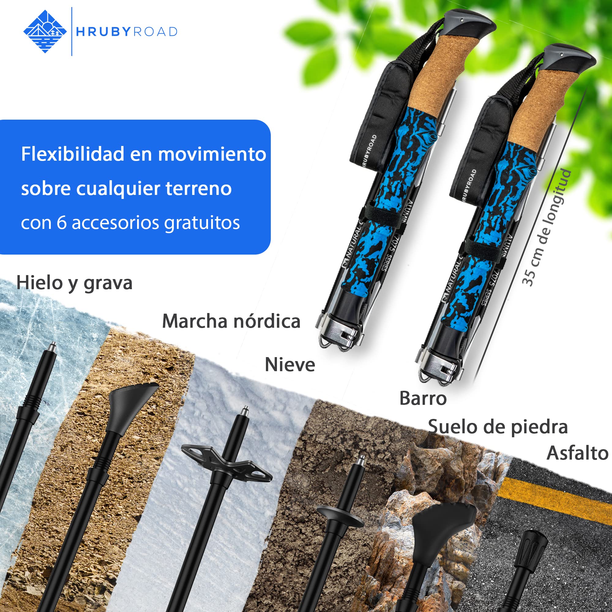 HrubyRoad® Bastones de Senderismo Telescópicos | Bastones de Marcha Nórdica Mujeres y Hombres | Bastones de Trekking Ultraestables [con 6 Accesorios]