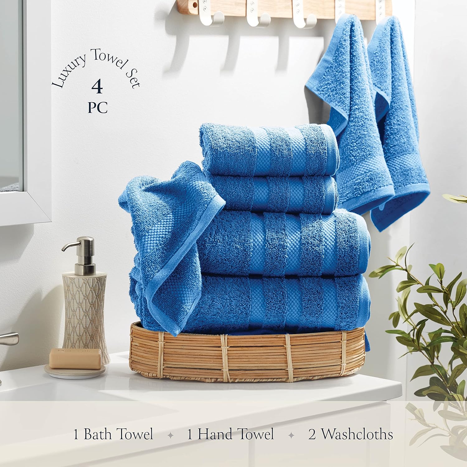 4-Piece Luxury Bath Towels Set - 100% Combed Cotton Bath Towel Sets, Heavenly-Soft & Absorbent Bathroom Towels | 1 Bath Towels | 1 Hand Towels | 2 Washcloths | Long-Staple Ring-Spun, Oeko-Tex Towels