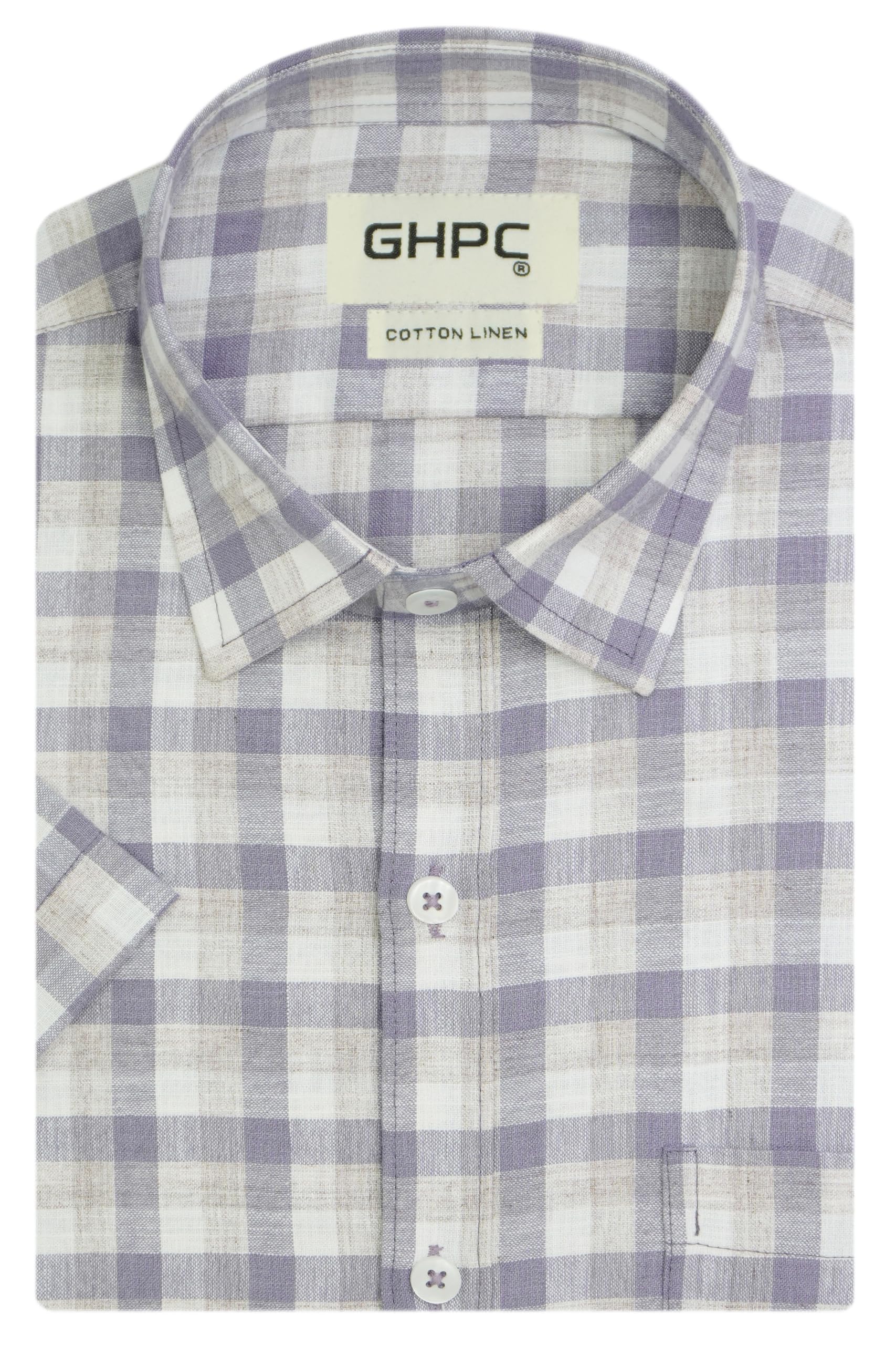 GHPC Cotton Linen Checkered Half Sleeves Regular Fit Formal Shirt for Men (Purple, FSH411413_44)