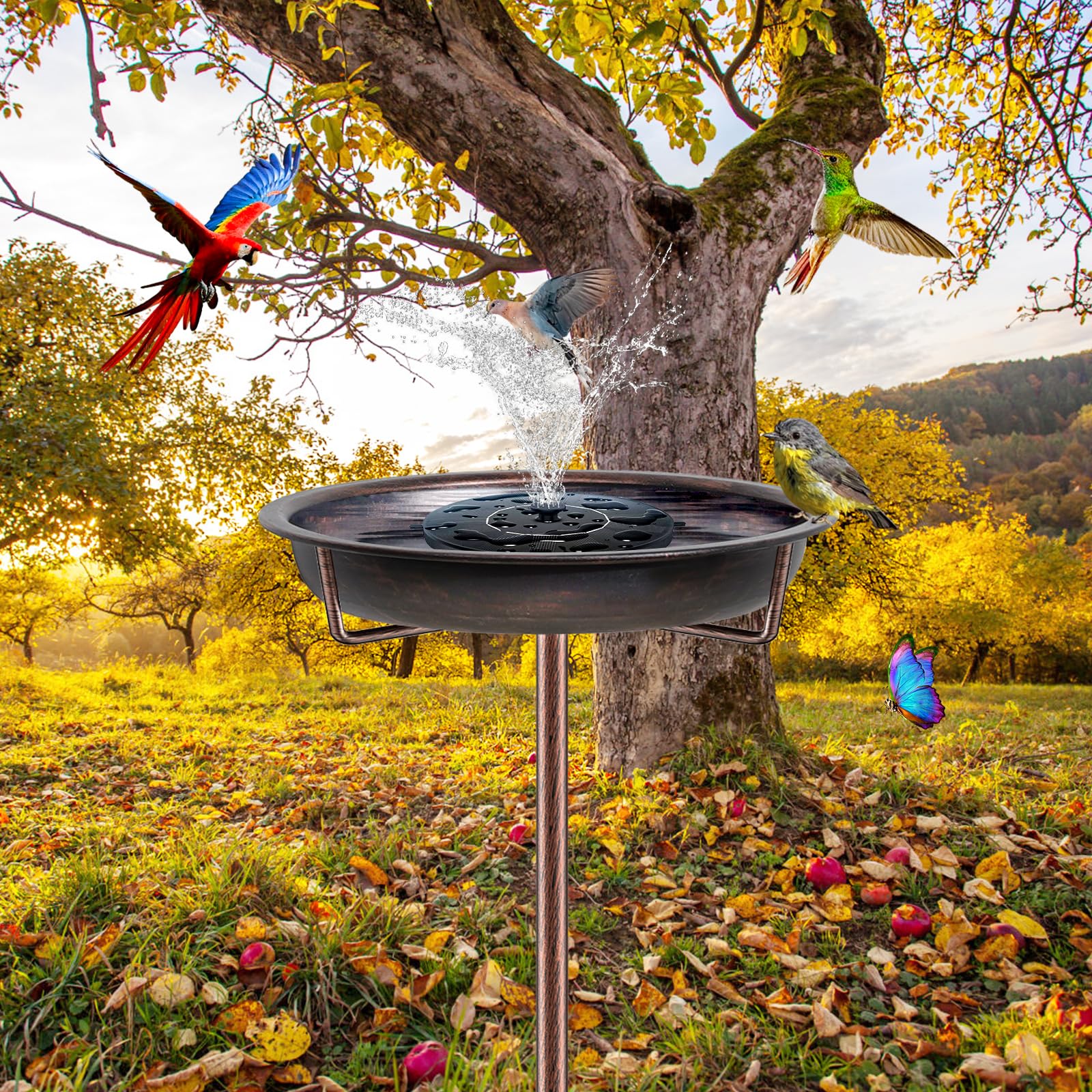 Bebedero para pájaros de pie, baño para pájaros para exteriores, jardín, cuenco de metal, bebedero para pájaros silvestres, bebedero de agua, cuenco de agua, a prueba de heladas, comedero